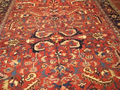 Antique Red Gold Navy Blue Border Geometric Tribal Persian Heriz Rug circa 1930s