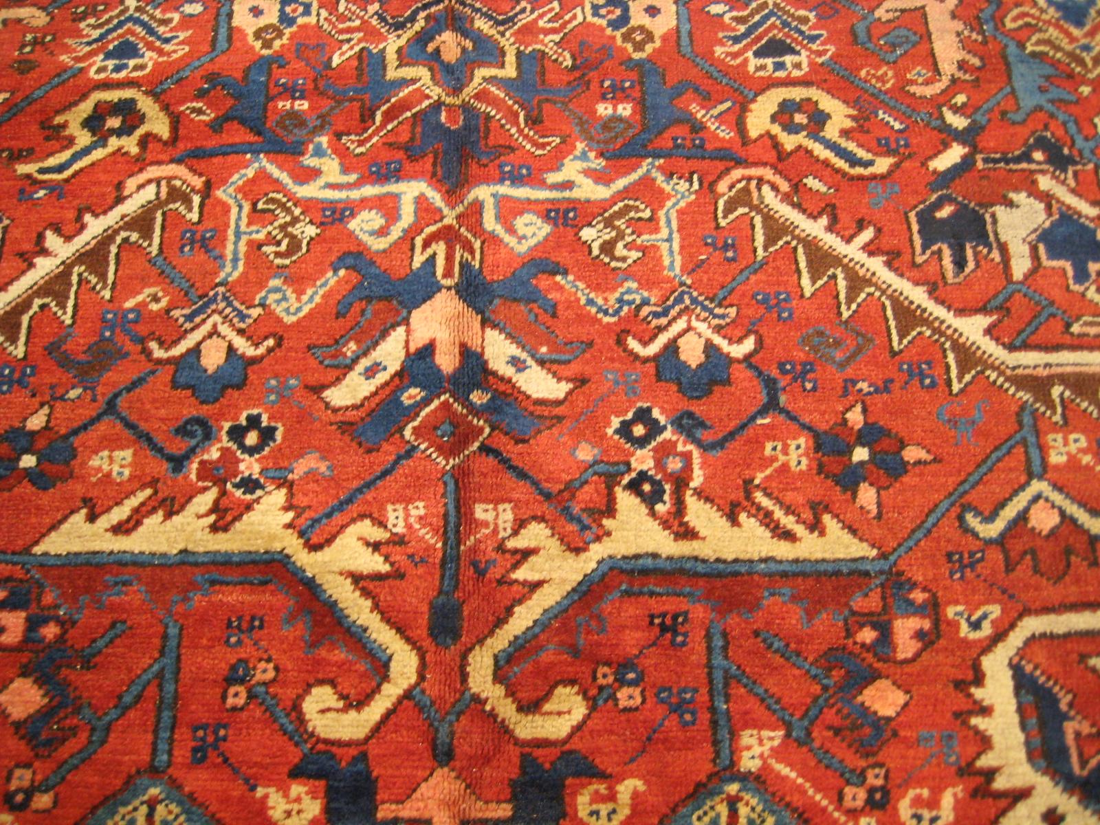 Hand-Knotted Antique Red Gold Navy Blue Border Geometric Tribal Persian Heriz Rug circa 1930s For Sale