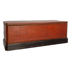 Antique Red & Golden Rustic Coffer Storage Bench, Brass Studs Pine Chest French