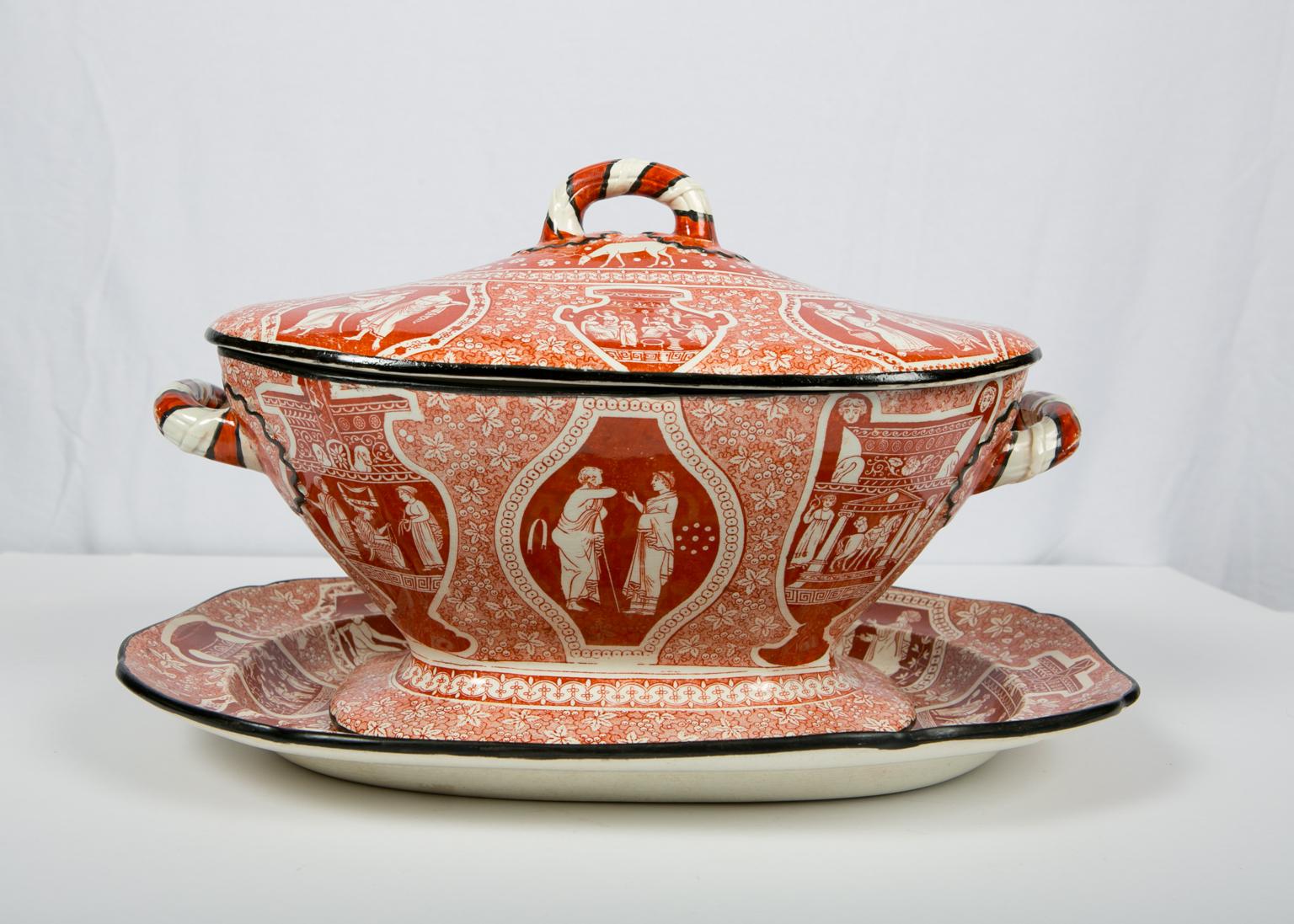Neoclassical Antique Red Greek Ware Soup Tureen Decorated with Classical Figures circa 1810