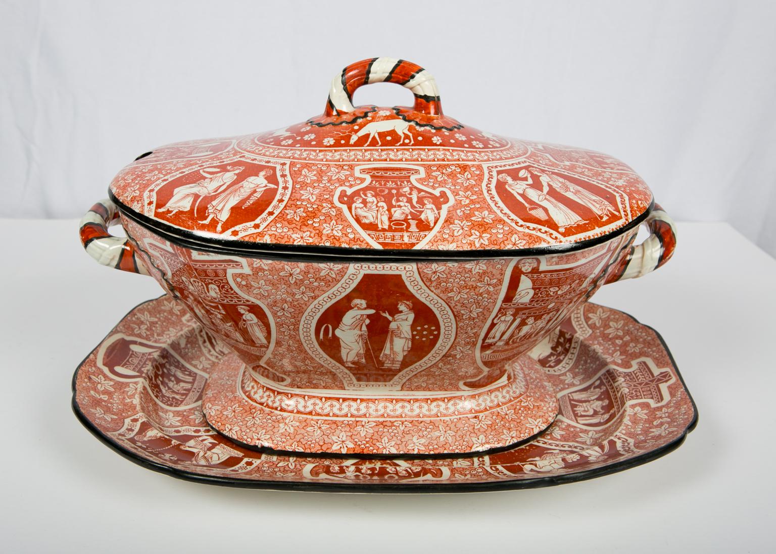 English Antique Red Greek Ware Soup Tureen Decorated with Classical Figures circa 1810