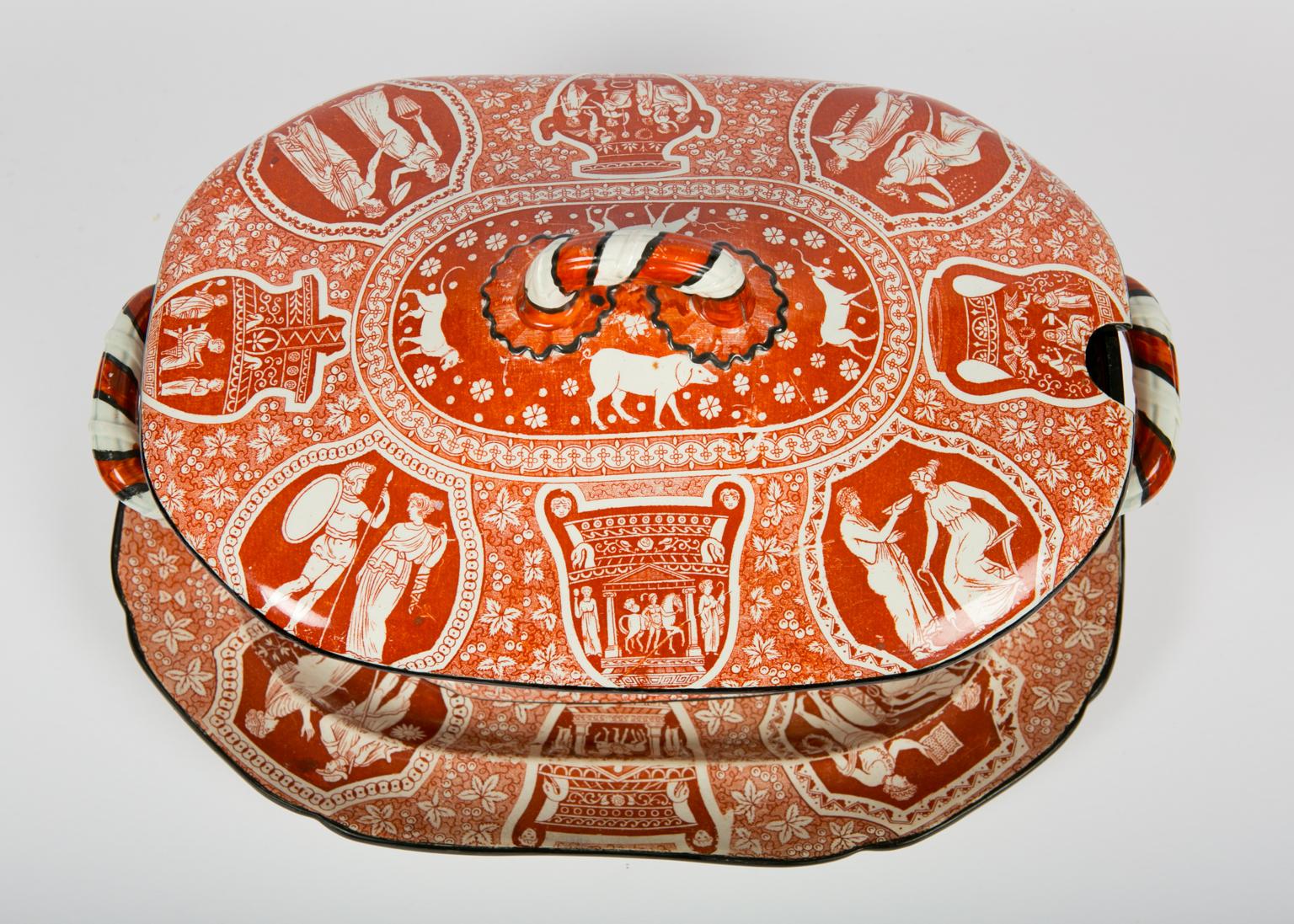 19th Century Antique Red Greek Ware Soup Tureen Decorated with Classical Figures circa 1810