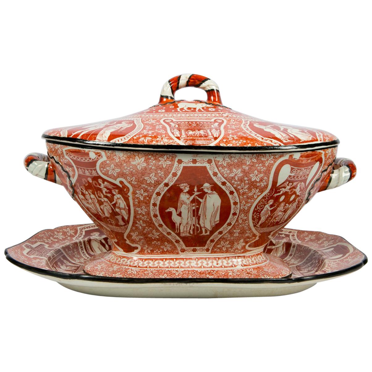 Antique Red Greek Ware Soup Tureen Decorated with Classical Figures circa 1810