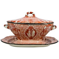 Antique soupière en faïence grecque rouge décorée de figures classiques vers 1810