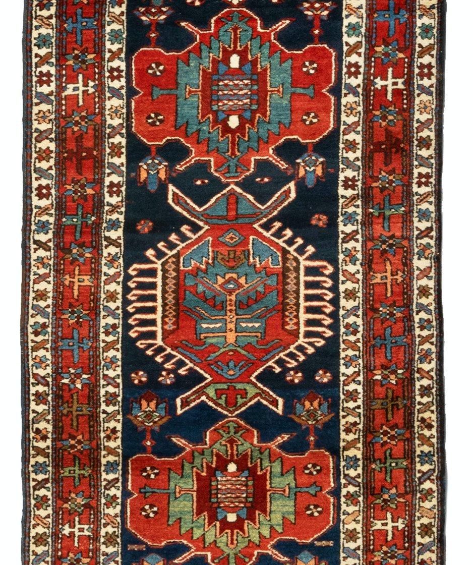 Hand-Knotted Antique Red Green Navy Blue Tribal Persian Karaja Runner Rug c. 1900-1910 For Sale
