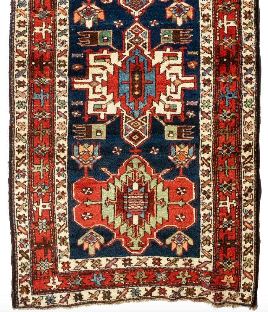 Antique Red Green Navy Blue Tribal Persian Karaja Runner Rug c. 1900-1910 In Good Condition For Sale In New York, NY