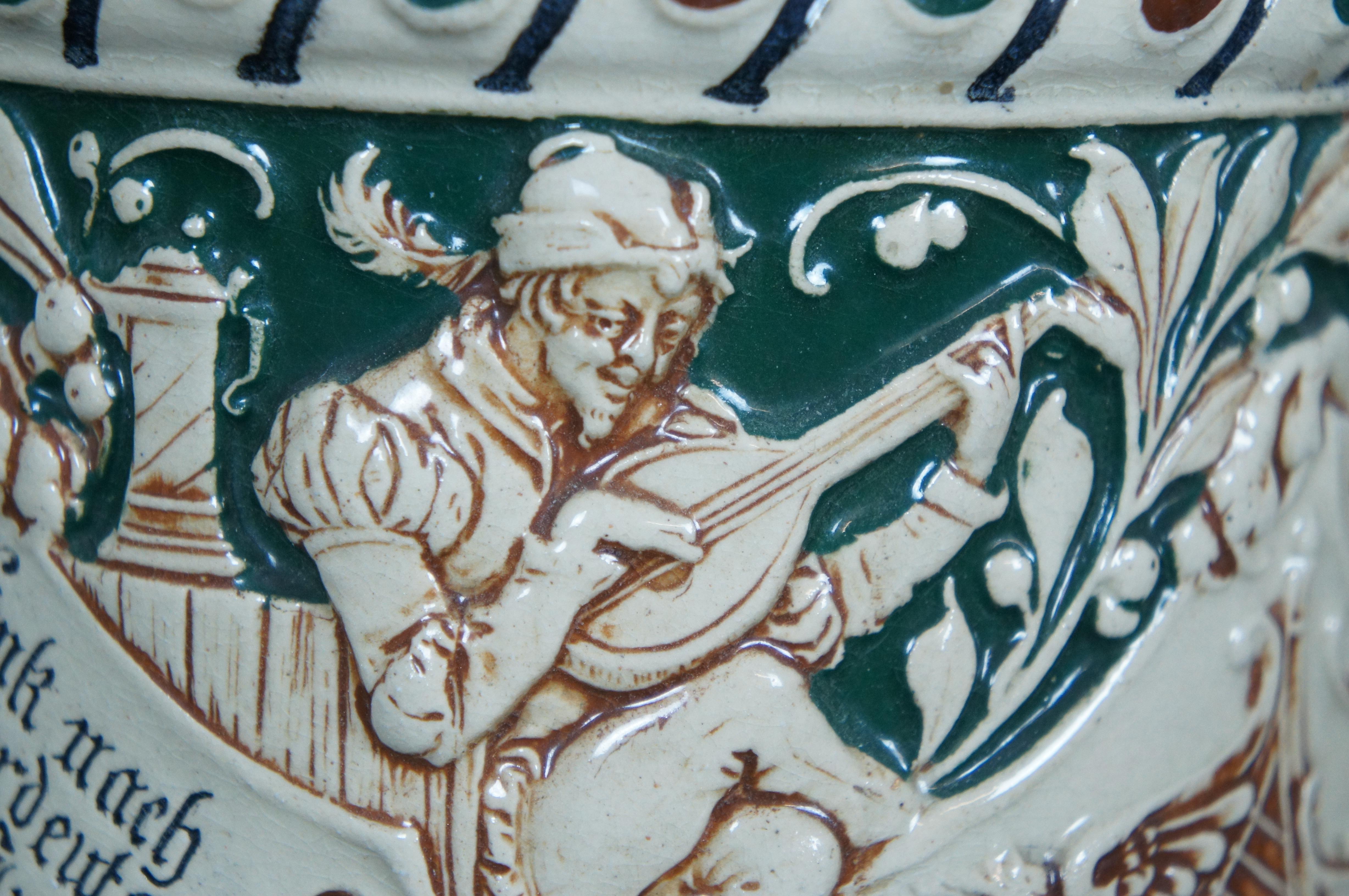 Antiker rot-grün bemalter deutscher Steingut-Bierstein Mandolin mit Heraldischen Löwen, Mandolin, antik im Angebot 5