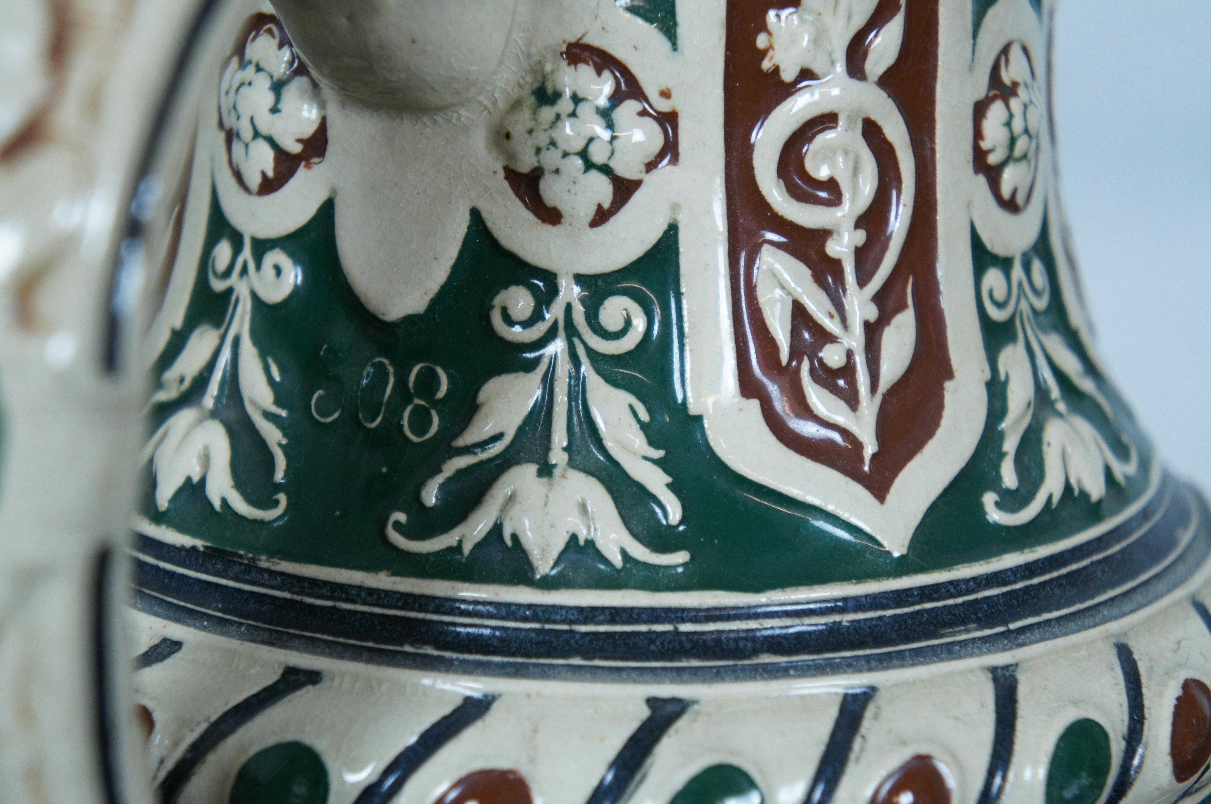Antiker rot-grün bemalter deutscher Steingut-Bierstein Mandolin mit Heraldischen Löwen, Mandolin, antik im Angebot 3