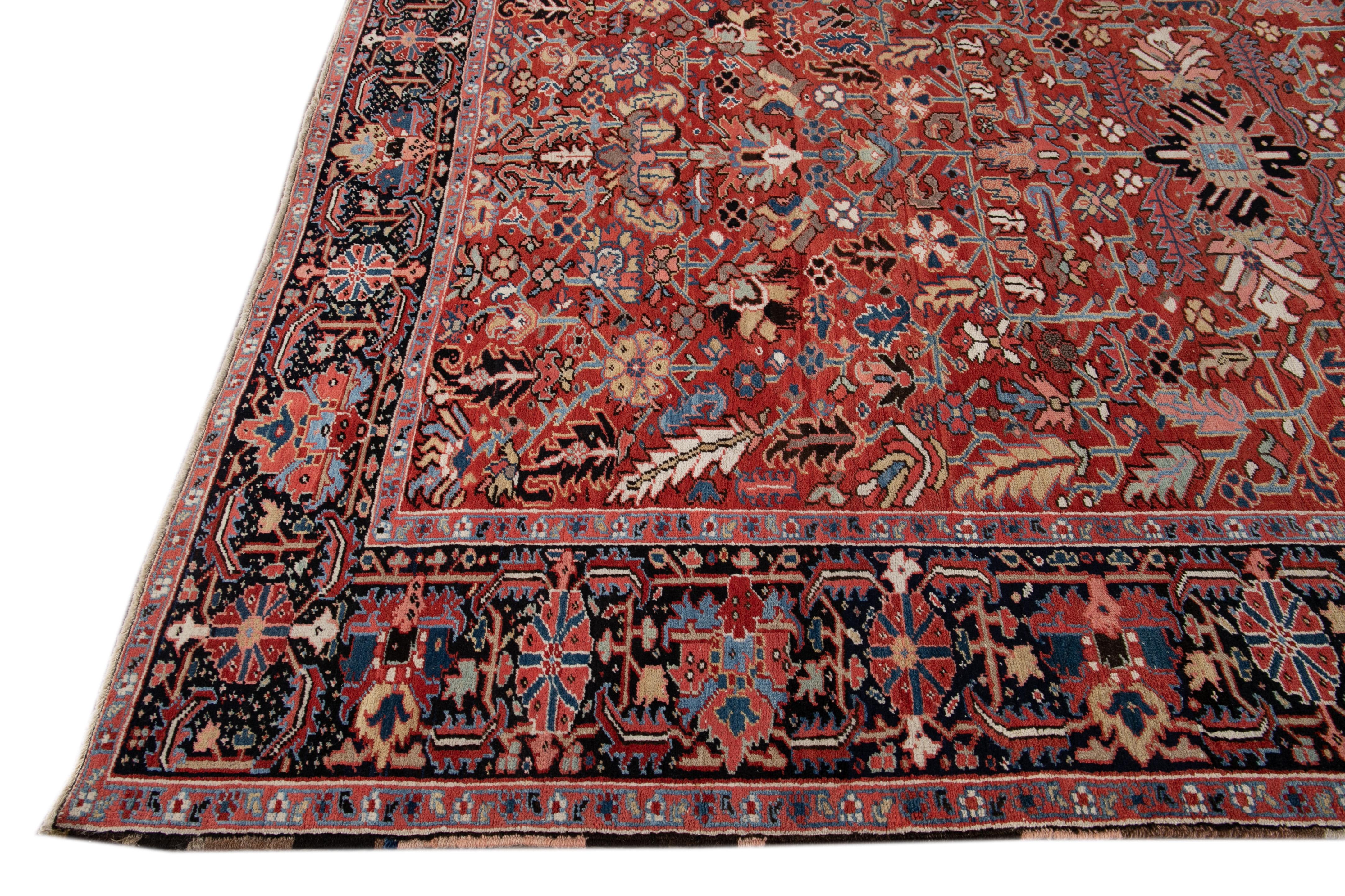 Hand-Knotted Antique Red Heriz Persian Handmade Wool Rug For Sale