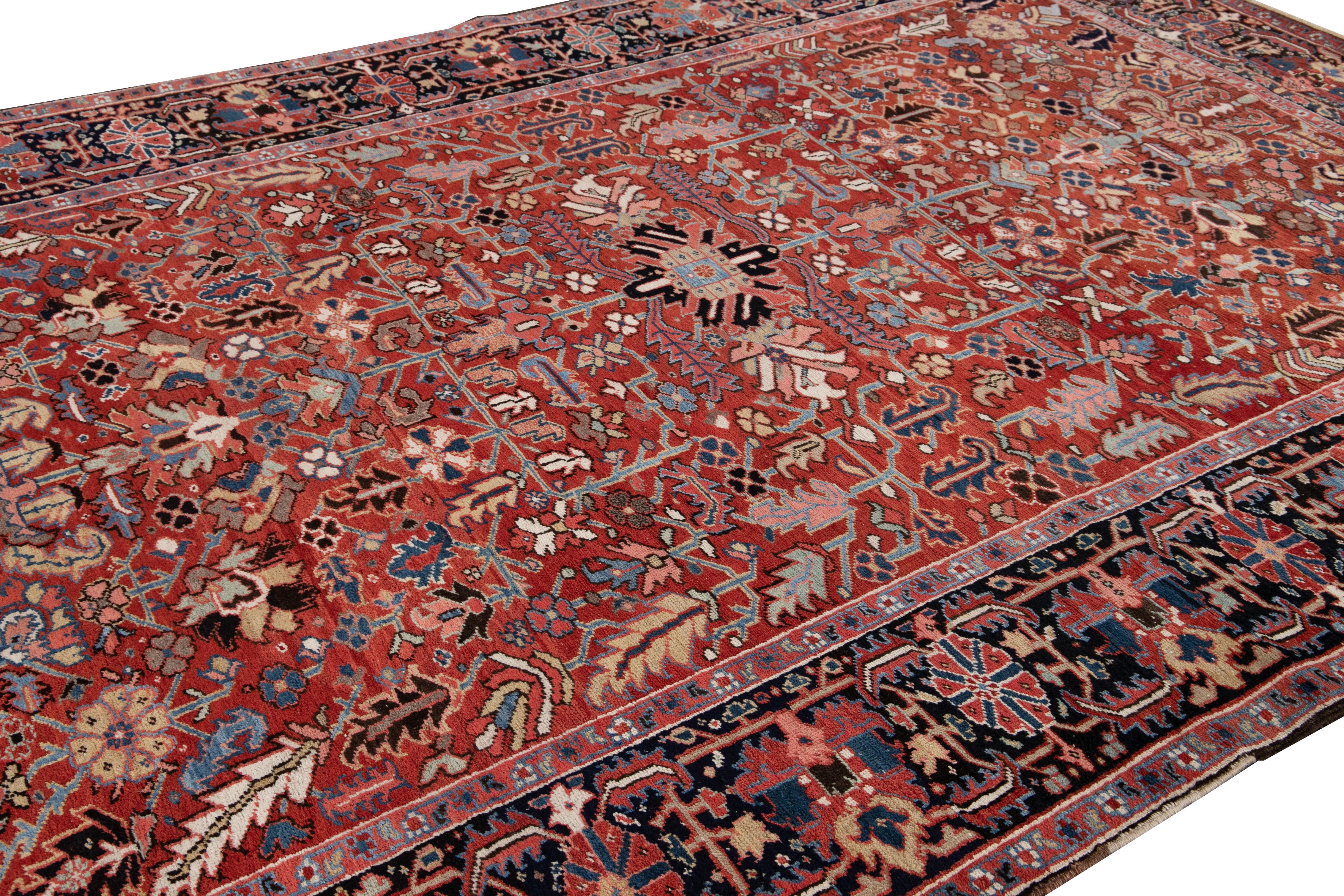 Early 20th Century Antique Red Heriz Persian Handmade Wool Rug For Sale