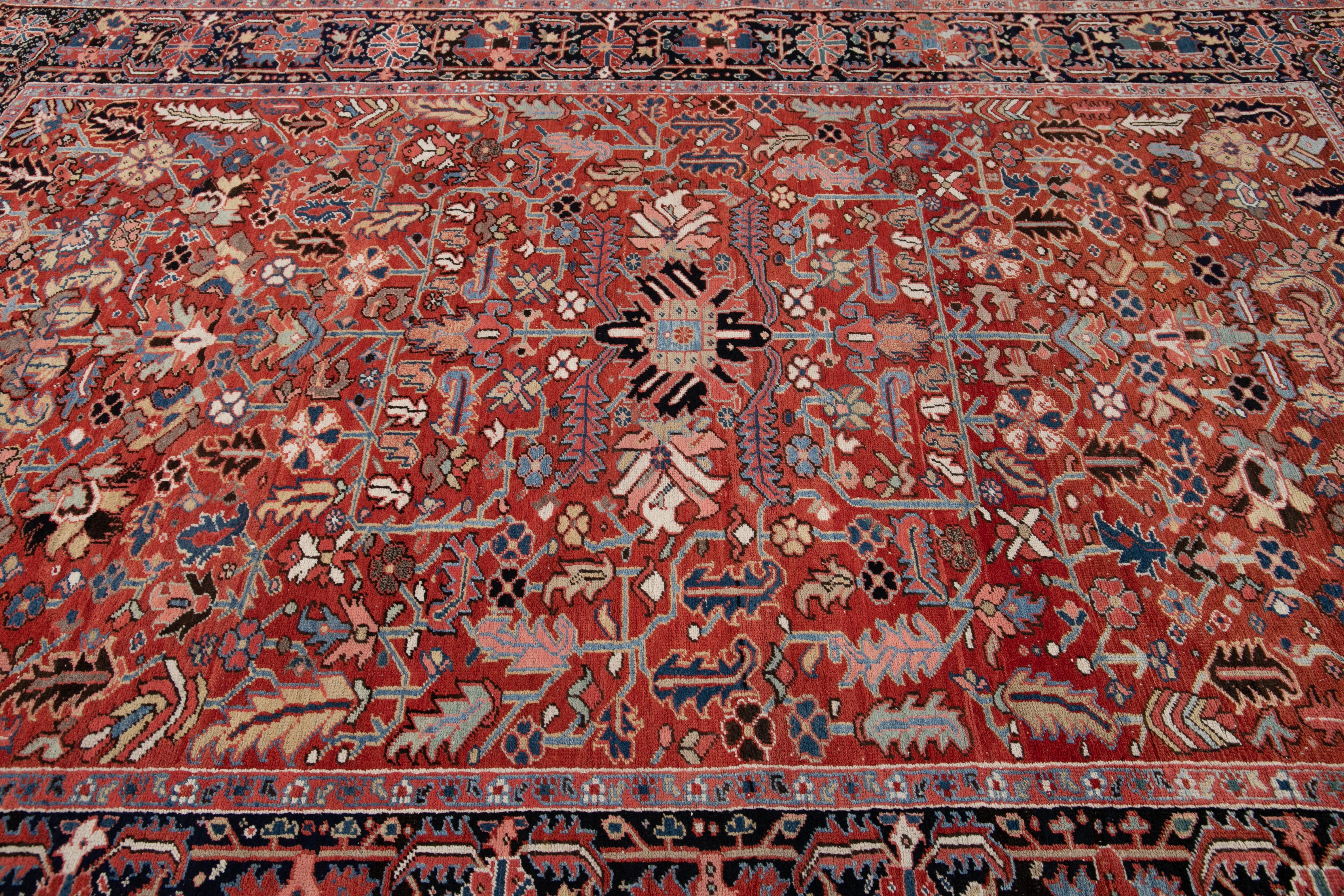 Antique Red Heriz Persian Handmade Wool Rug For Sale 1