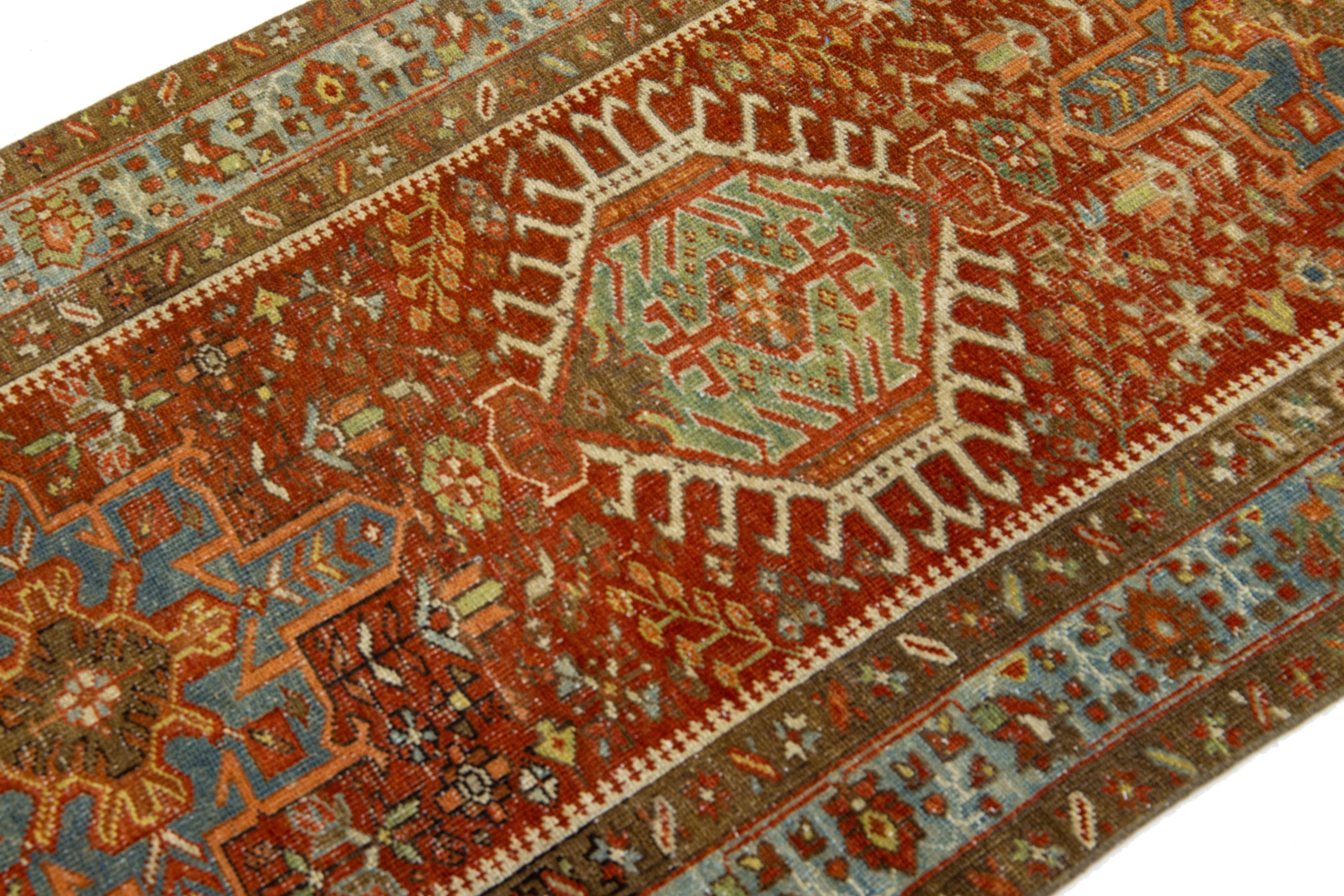 Heriz Serapi Antique Red Heriz Wool Runner Handmade with Geometric Motif For Sale