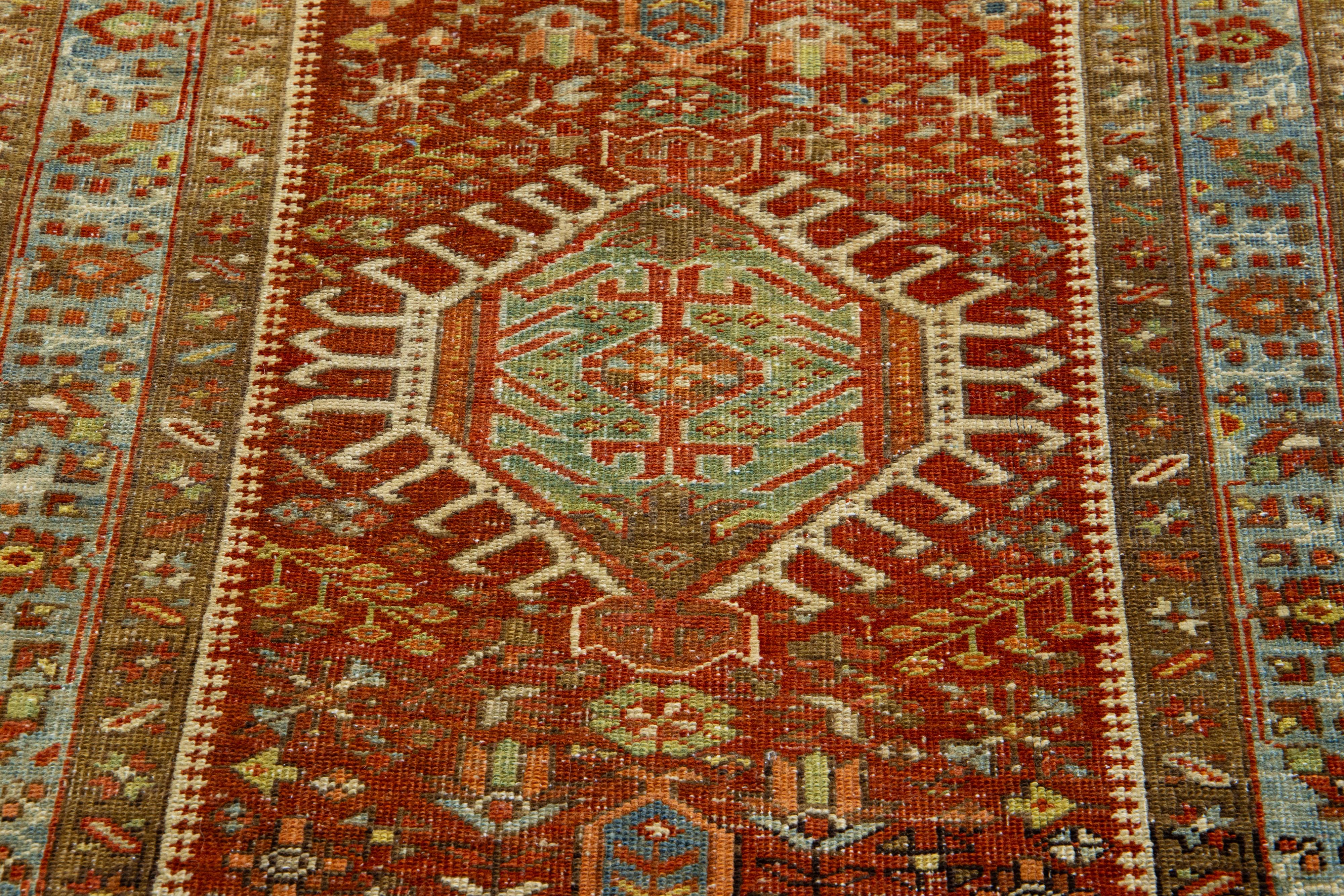 Antique Red Heriz Wool Runner Handmade with Geometric Motif In Good Condition For Sale In Norwalk, CT