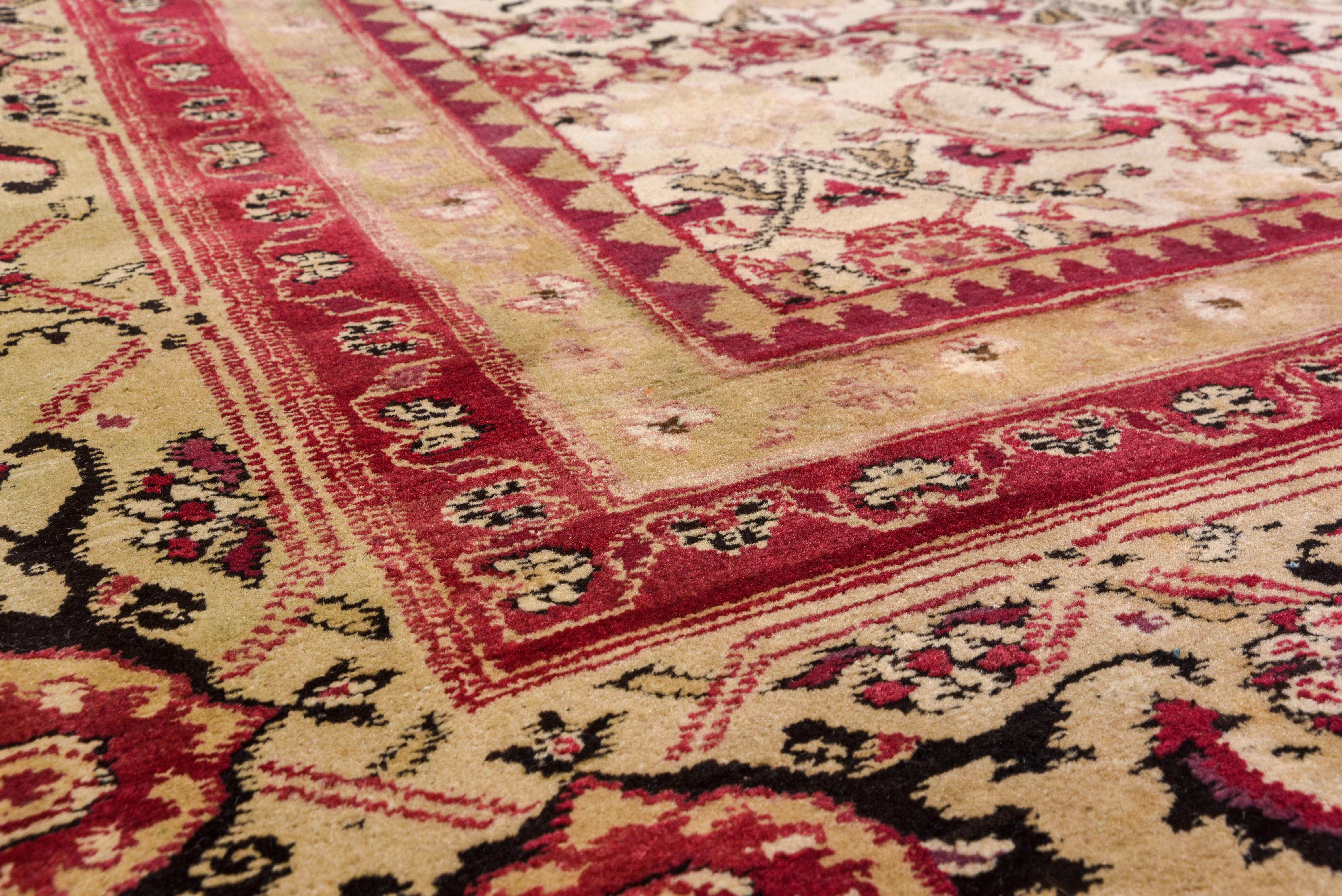 Hand-Knotted Antique Red Indian Agra Carpet, All-Over Field, Ivory Field For Sale