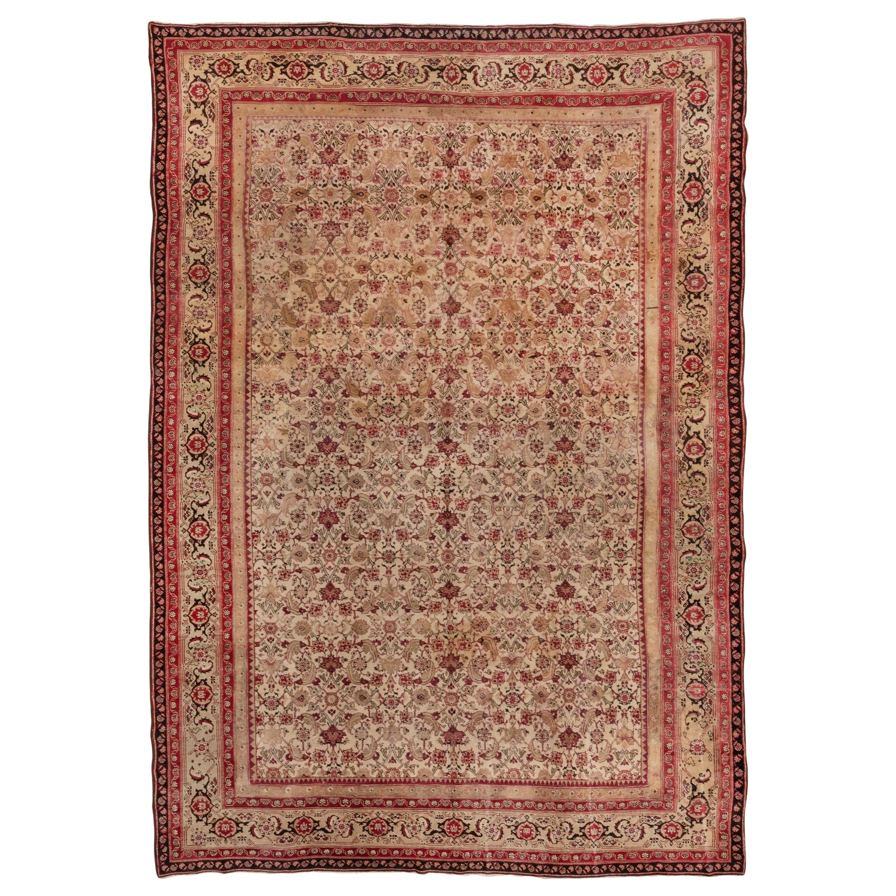 Antiker roter indischer Agra-Teppich, All-Over- Field, elfenbeinfarbenes Feld