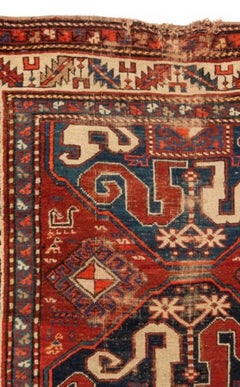 Antique Red Ivory Blue Distressed Tribal Caucasian Cloudband Kazak Rug