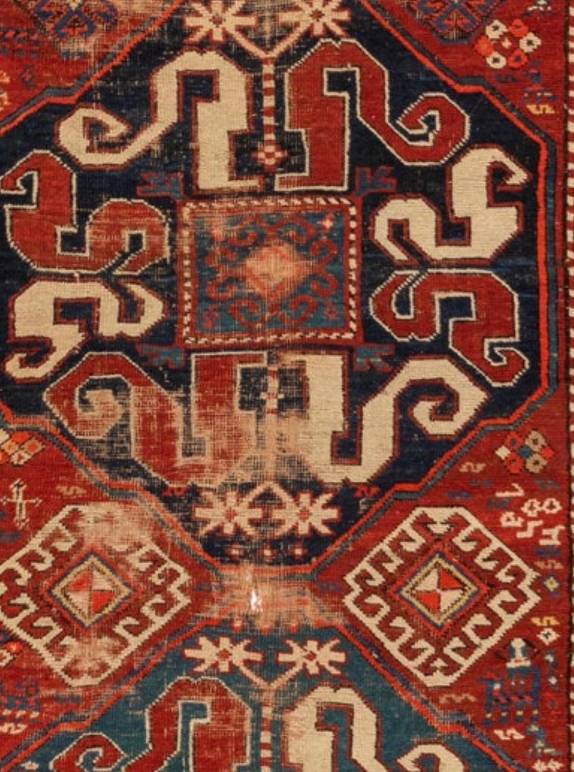 Antique Red Ivory Blue Distressed Tribal Caucasian Cloudband Kazak Rug In Distressed Condition For Sale In New York, NY