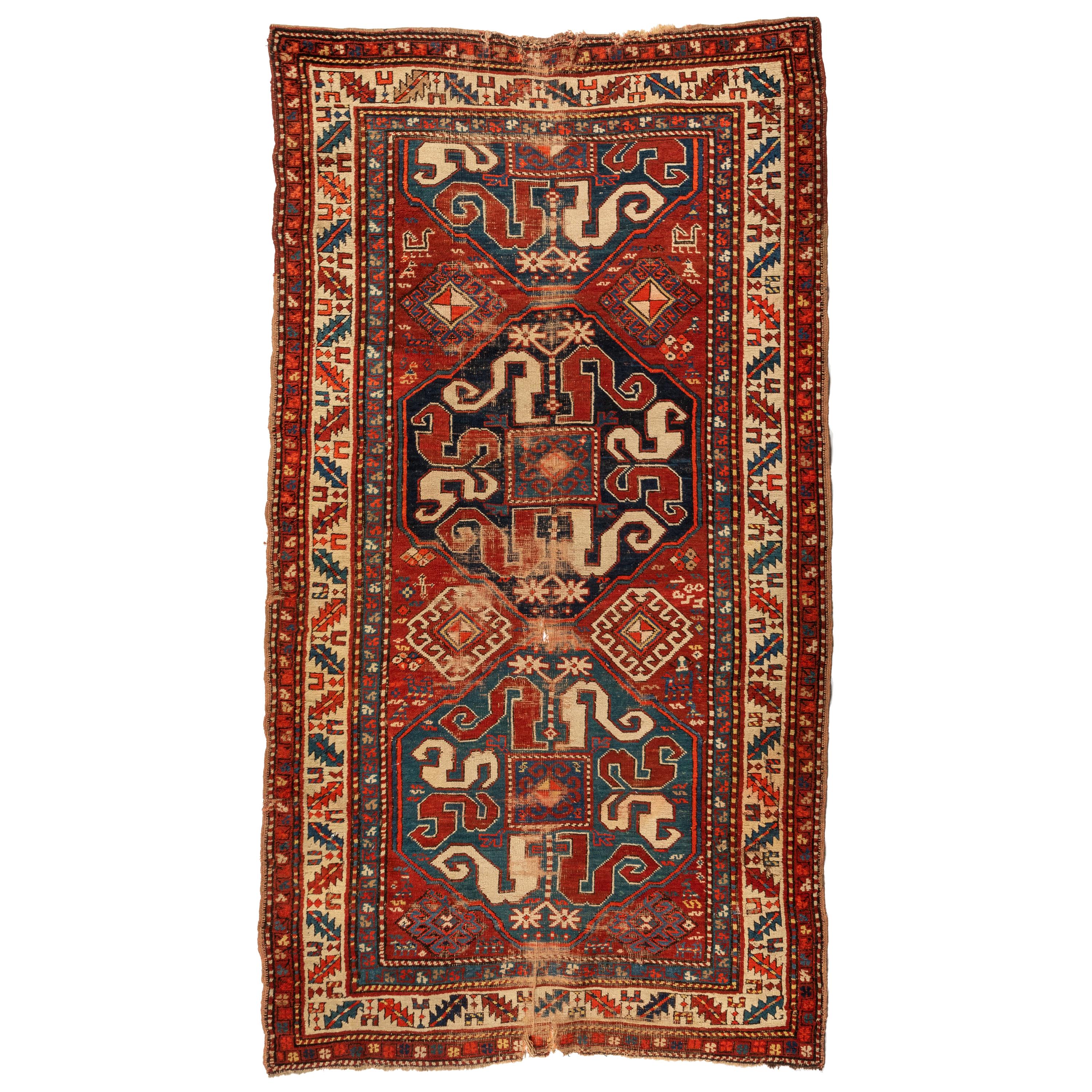 Antique Red Ivory Blue Distressed Tribal Caucasian Cloudband Kazak Rug For Sale