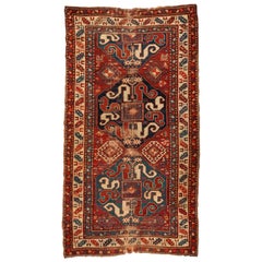 Antique Red Ivory Blue Distressed Tribal Caucasian Cloudband Kazak Rug