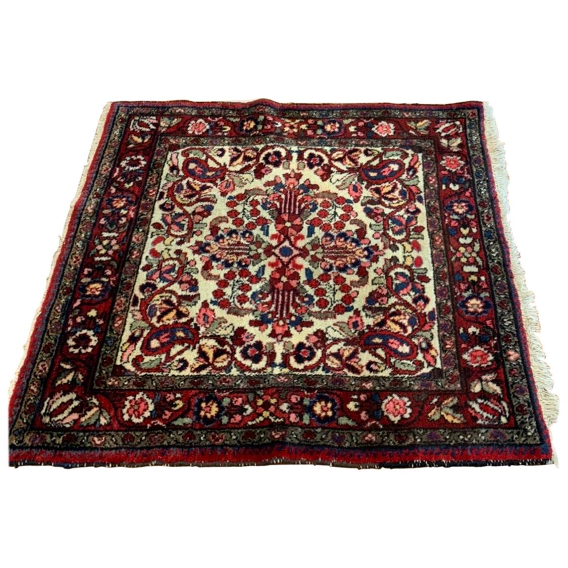 Antique Red Ivory Navy Blue Square Persian Hamedan Small Area Rug For Sale