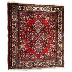 Antique Red Ivory Navy Blue Square Persian Hamedan Small Area Rug