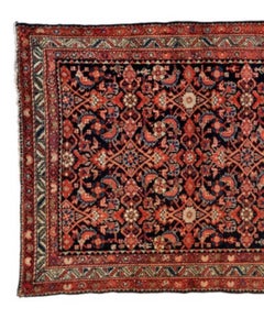 Antique Red Ivory Navy Blue Tribal Persian Hamedan Area Rug, c. 1900-1910