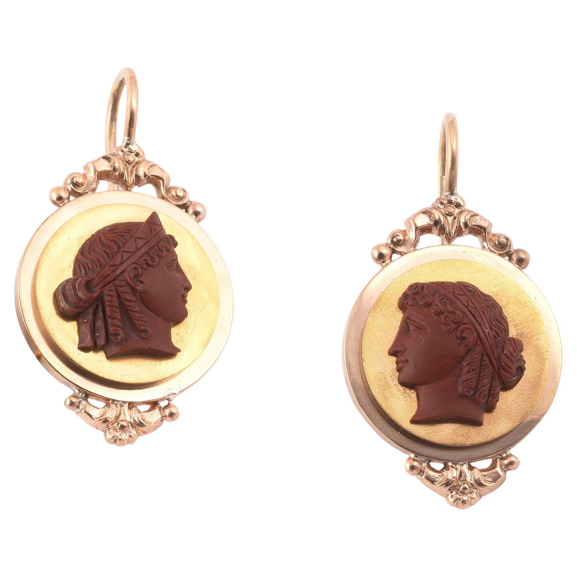 Uncut Antique Red Jasper Cameo Earrings Late 19th Century For Sale