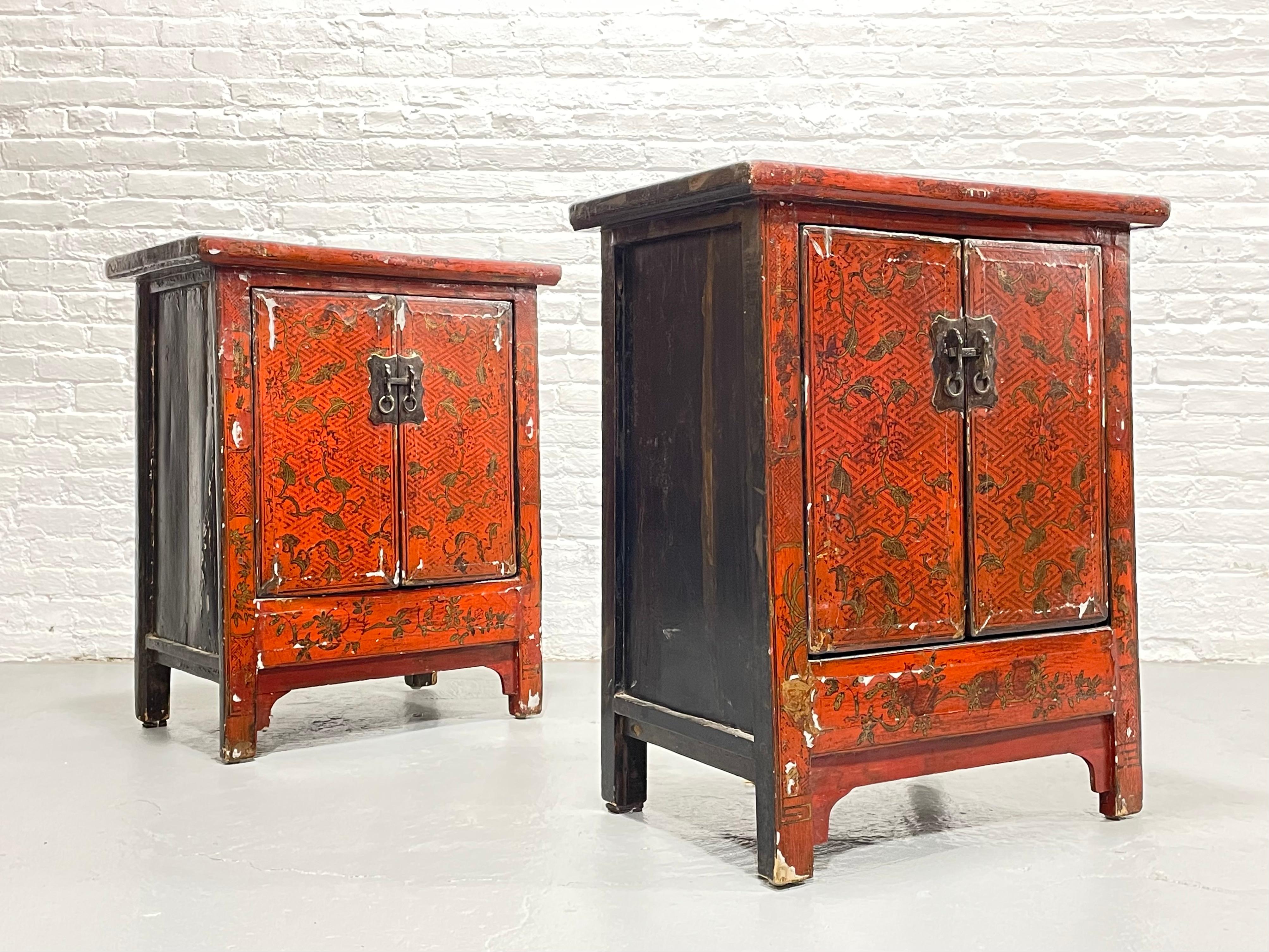 Pair of matching Chinese “Marriage Cabinets” constructed of wood with original brilliant red lacquer with hand painted designs. Each chest has two doors that lock with a brass lock pin and a shelving area inside with a single drawer. Cabinets are in