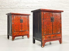 Antique Red Lacquer Chinese "Marriage Cabinets" STORAGE CHESTS, a PAIR