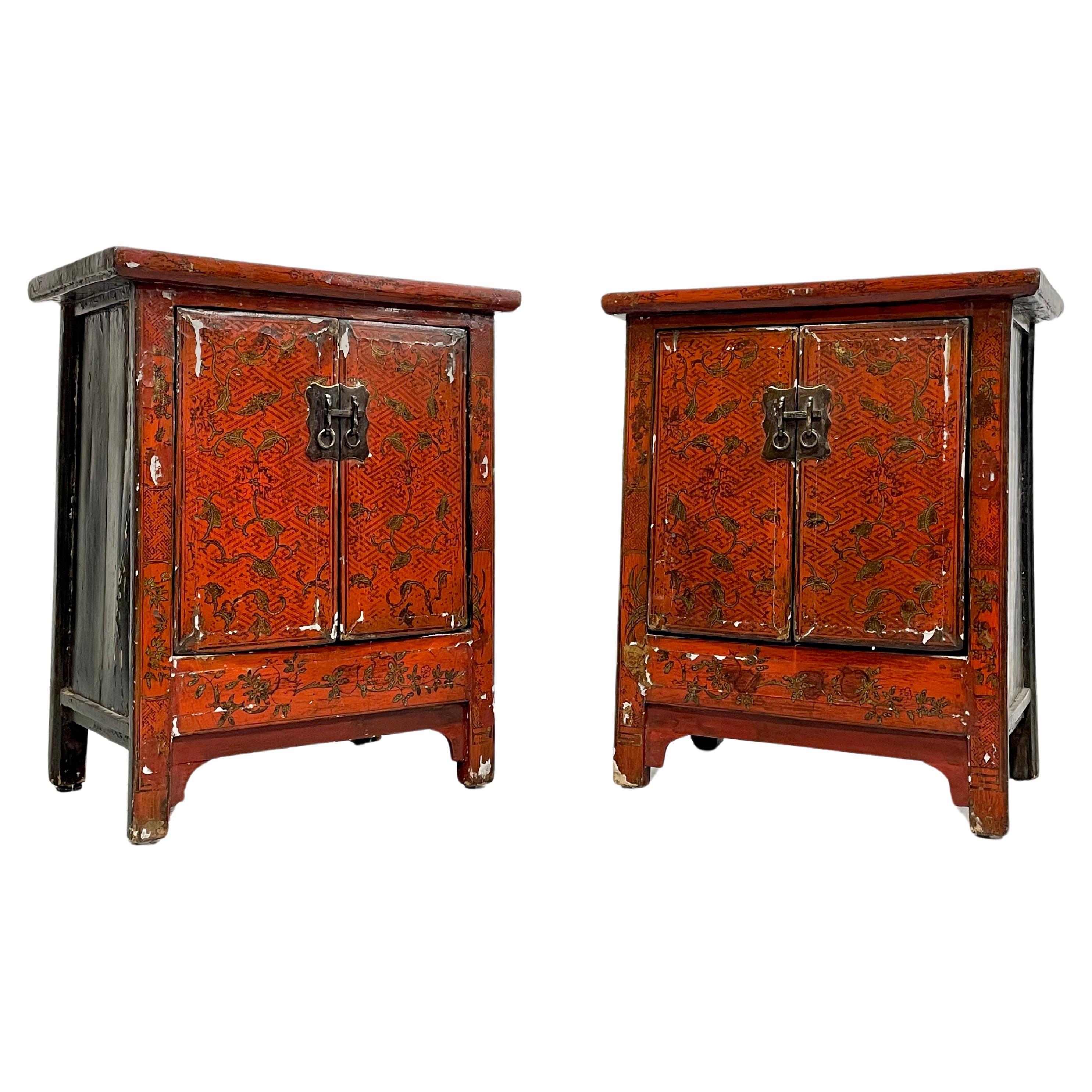 Antique Red Lacquer Chinese "Marriage Cabinets" STORAGE CHESTS, a PAIR