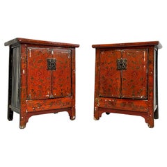 Used Red Lacquer Chinese "Marriage Cabinets" STORAGE CHESTS, a PAIR