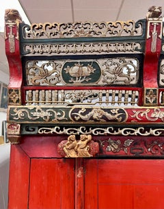 Antique Red Lacquer Chinoiserie Chinese Wedding Cabinet Armoire Linen Press