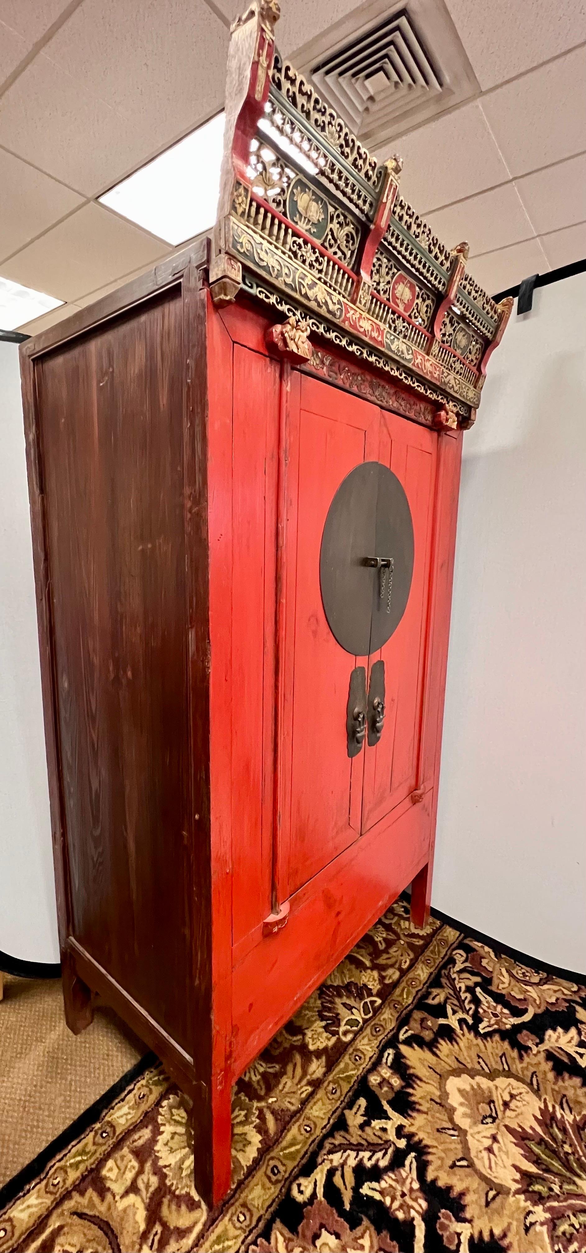 Metal Antique Red Lacquer Chinoiserie Chinese Wedding Cabinet Armoire Linen Press