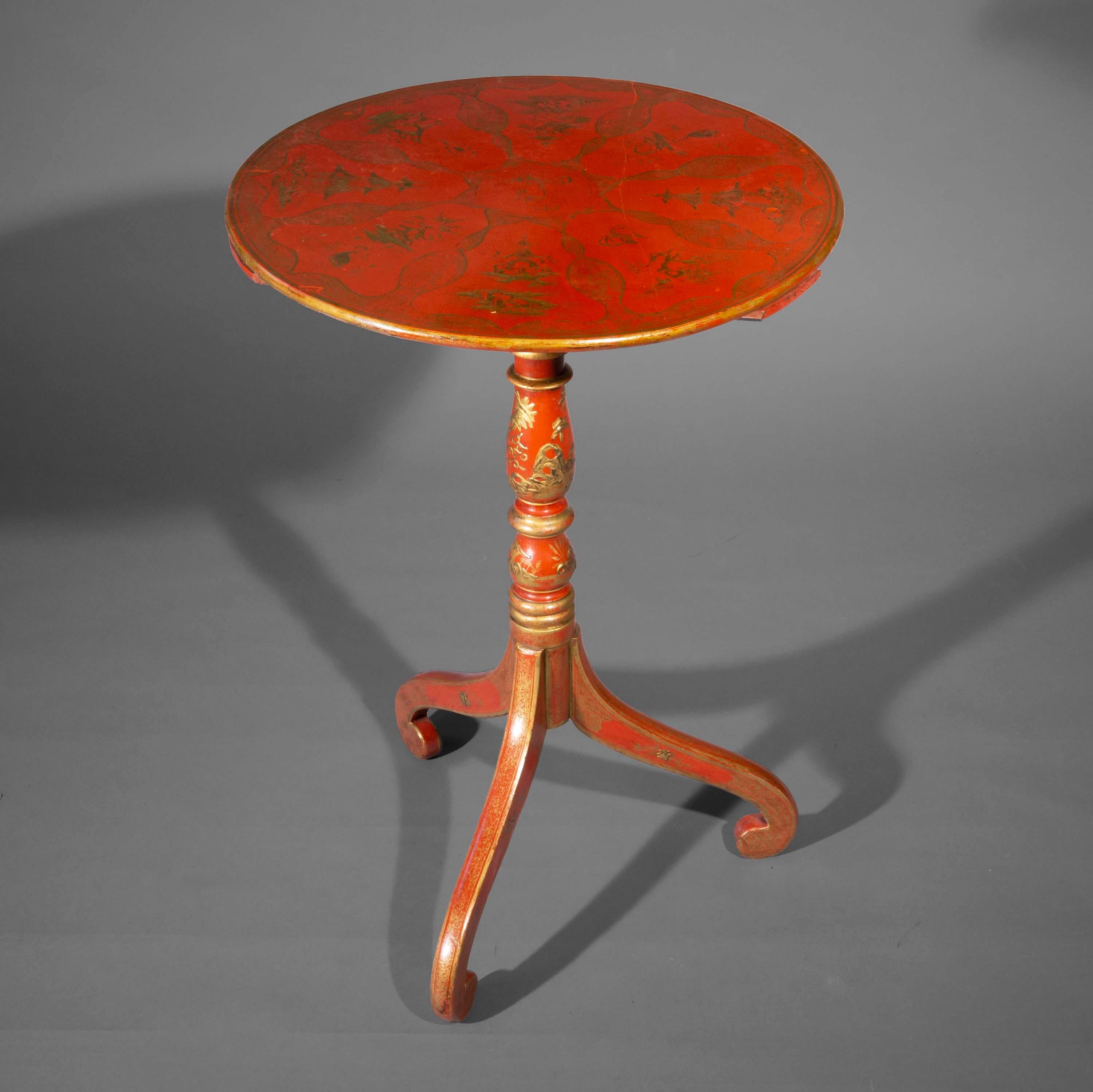 Antique Chinoiserie Lamp Table with Hand-Painted Red Lacquer In Good Condition In London, GB