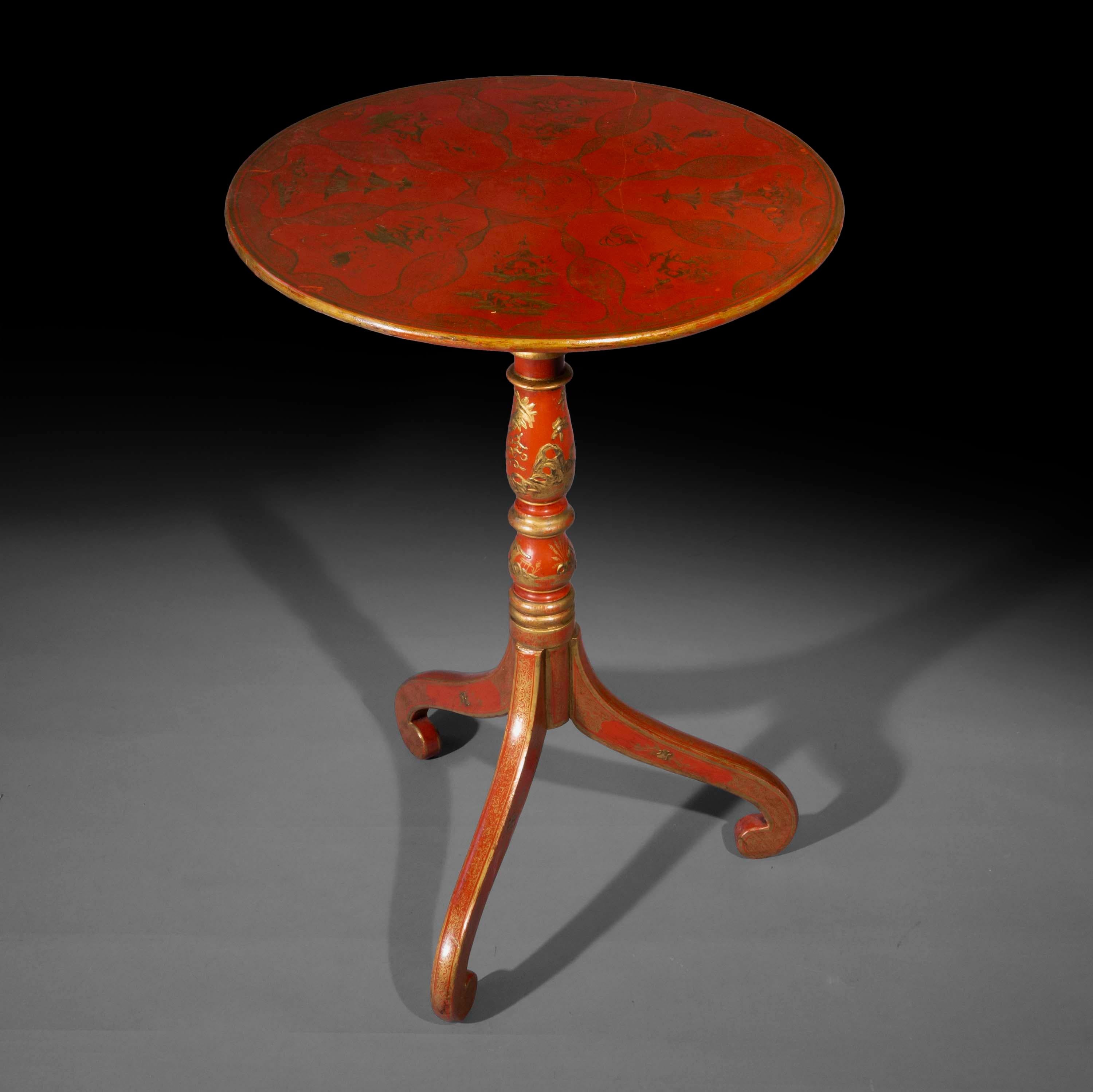 19th Century Antique Chinoiserie Lamp Table with Hand-Painted Red Lacquer