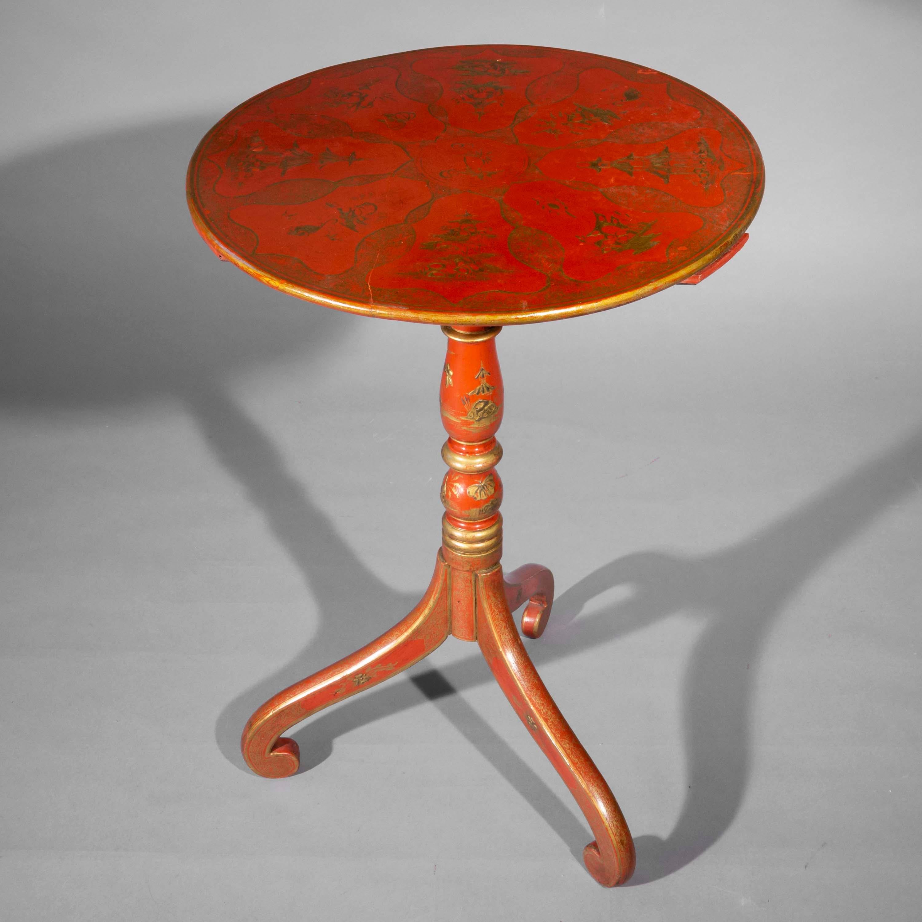 Wood Antique Chinoiserie Lamp Table with Hand-Painted Red Lacquer