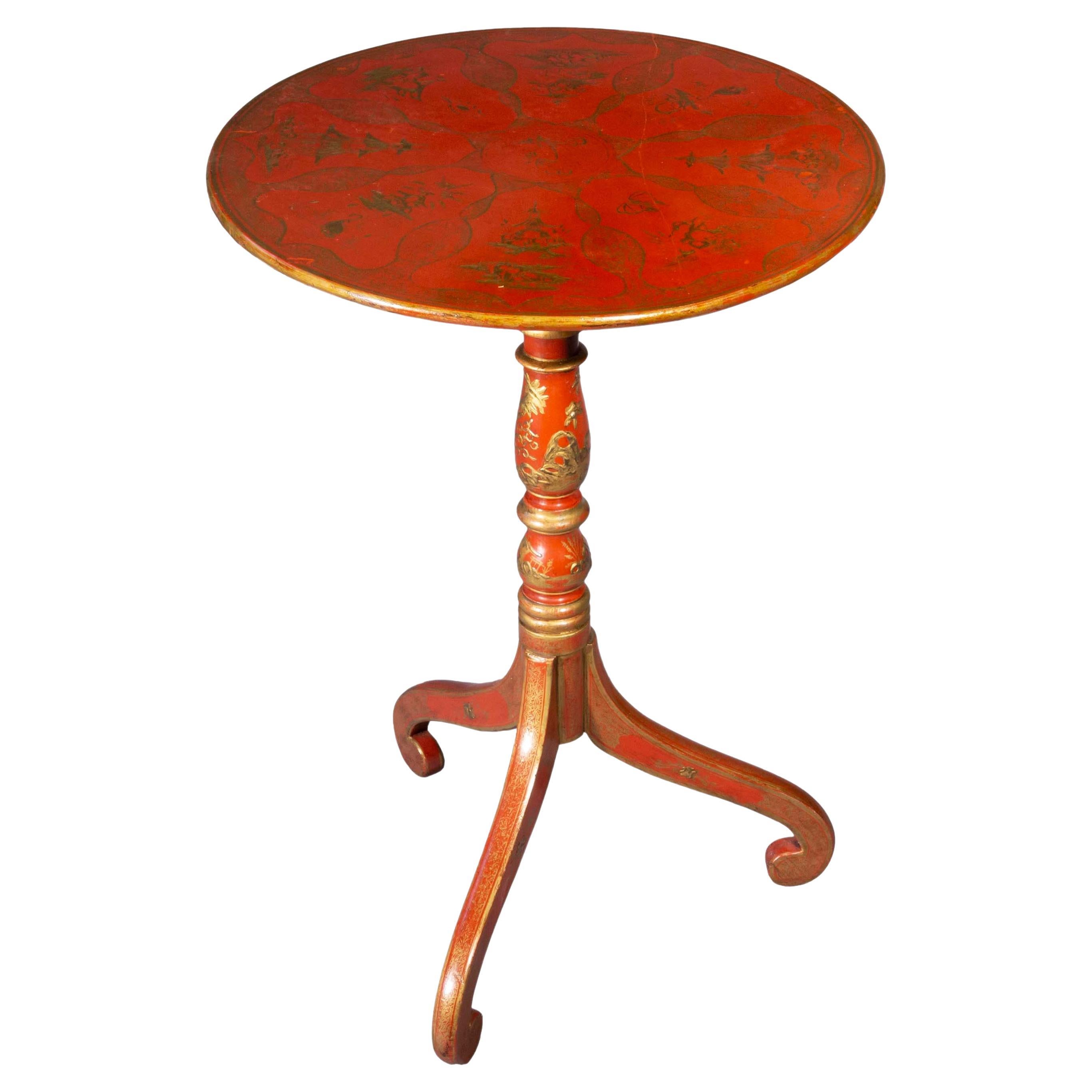 Antique Chinoiserie Lamp Table with Hand-Painted Red Lacquer 2
