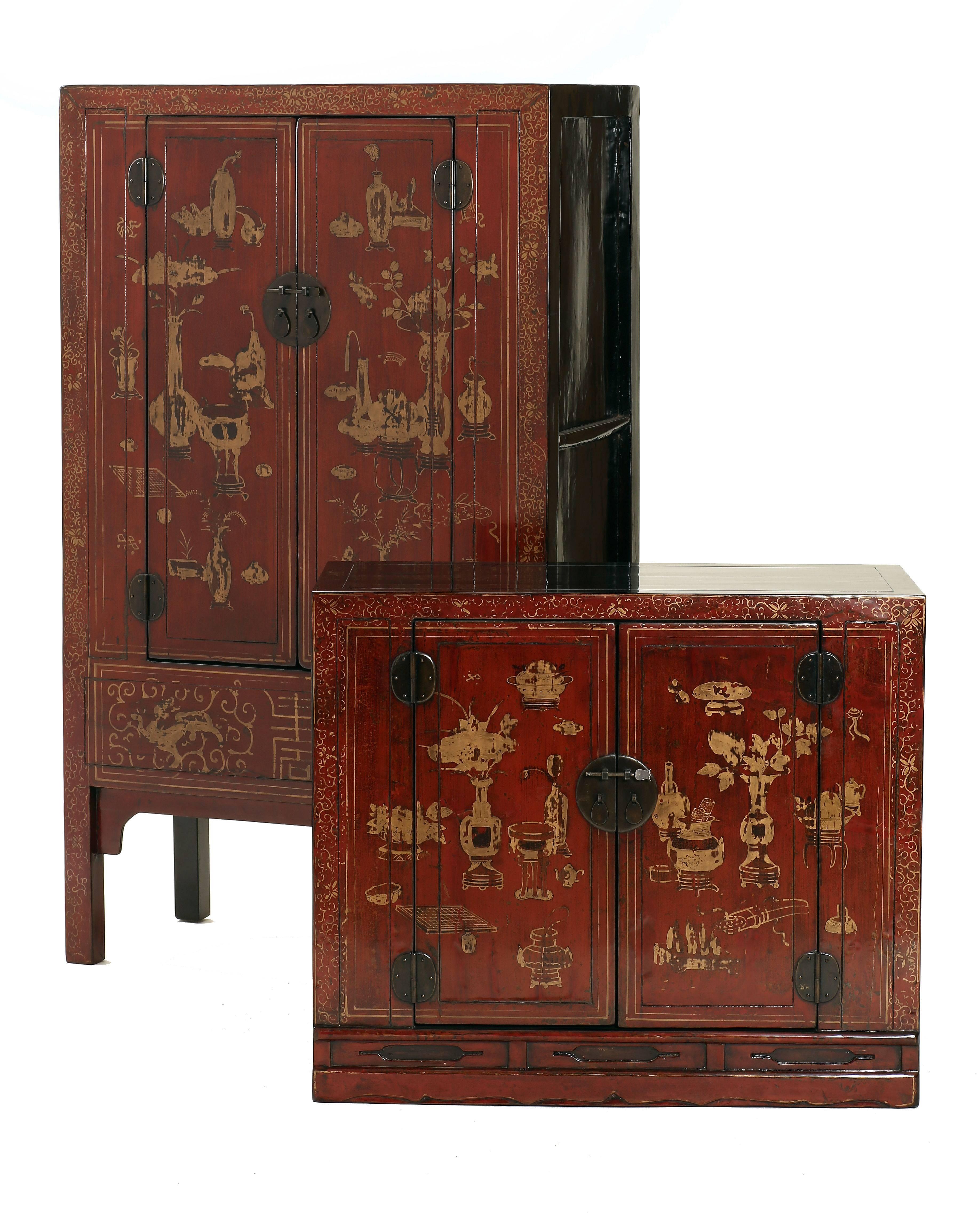 Chinoiserie Antique Red Lacquer Gilt Painted Chinese Compound Cabinet, Scholastic Art