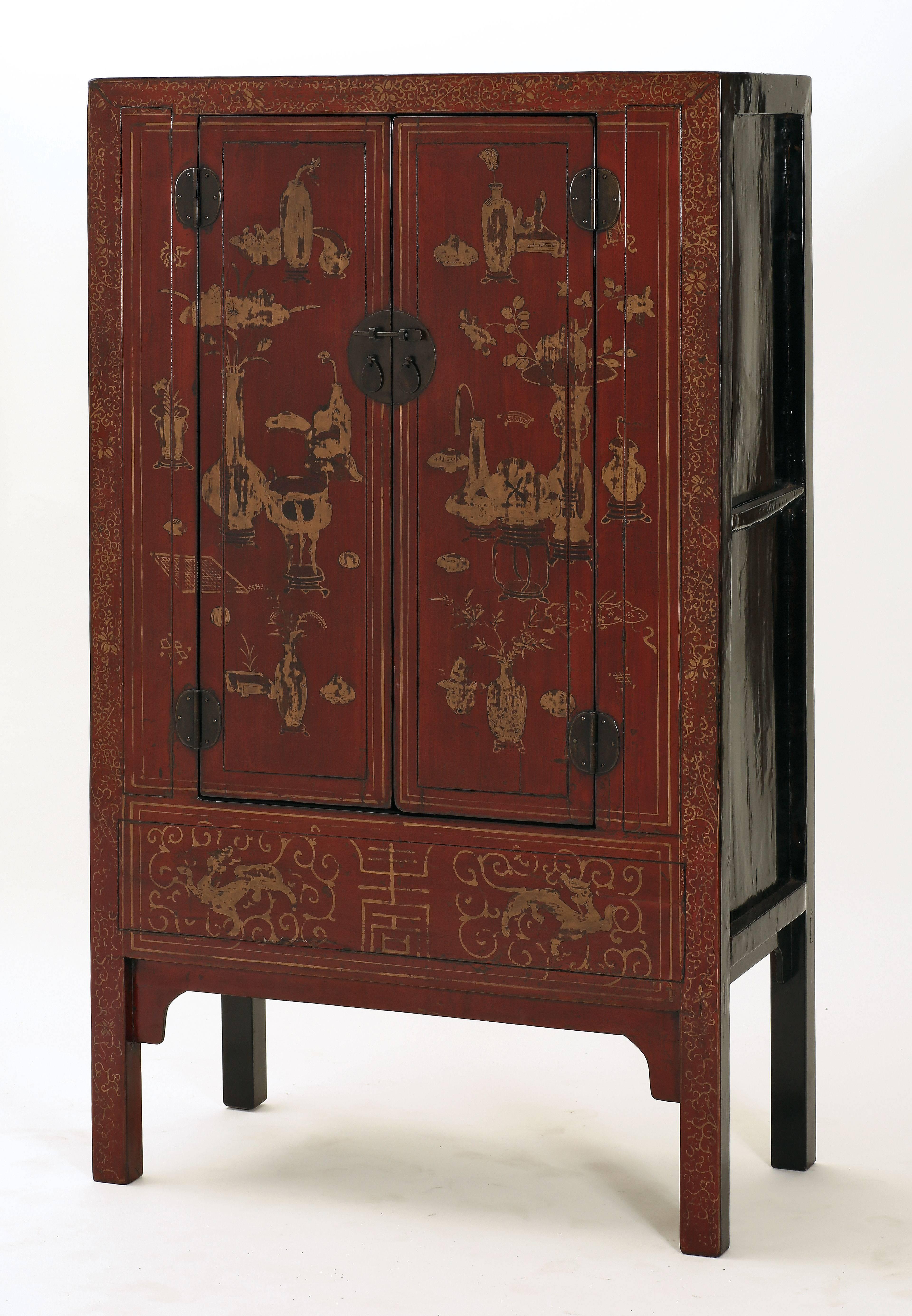 Hand-Crafted Antique Red Lacquer Gilt Painted Chinese Compound Cabinet, Scholastic Art