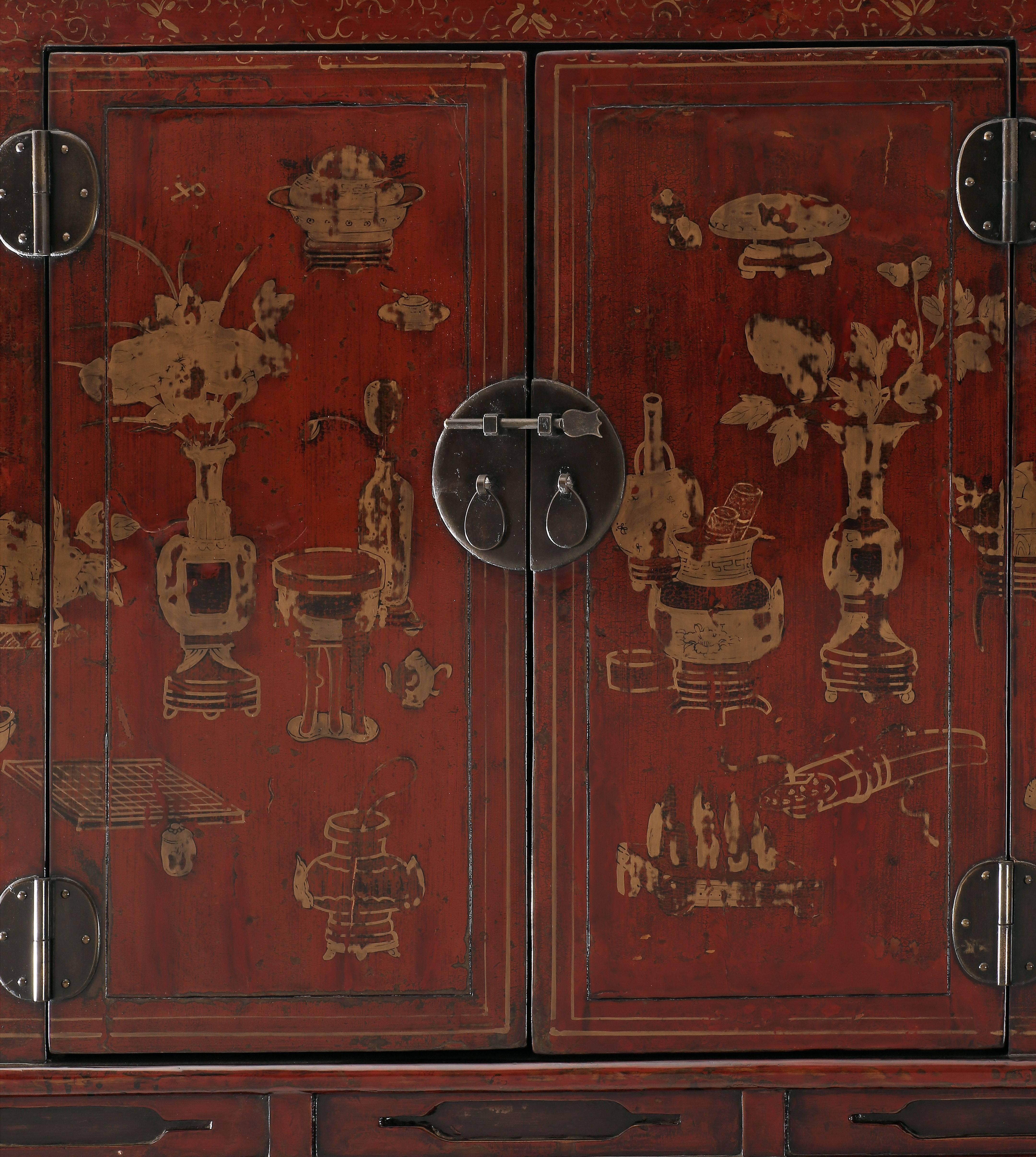19th Century Antique Red Lacquer Gilt Painted Chinese Compound Cabinet, Scholastic Art
