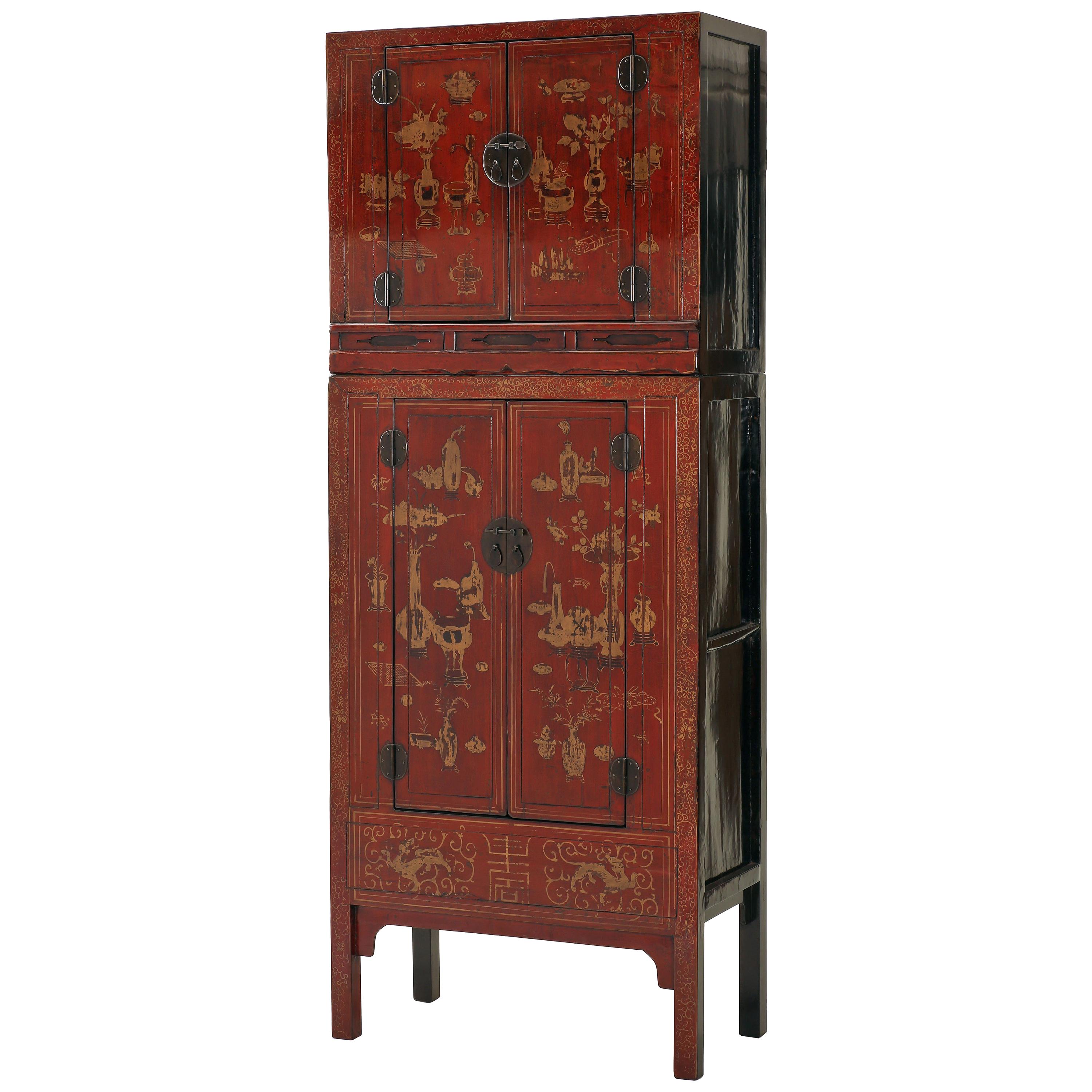Antique Red Lacquer Gilt Painted Chinese Compound Cabinet, Scholastic Art