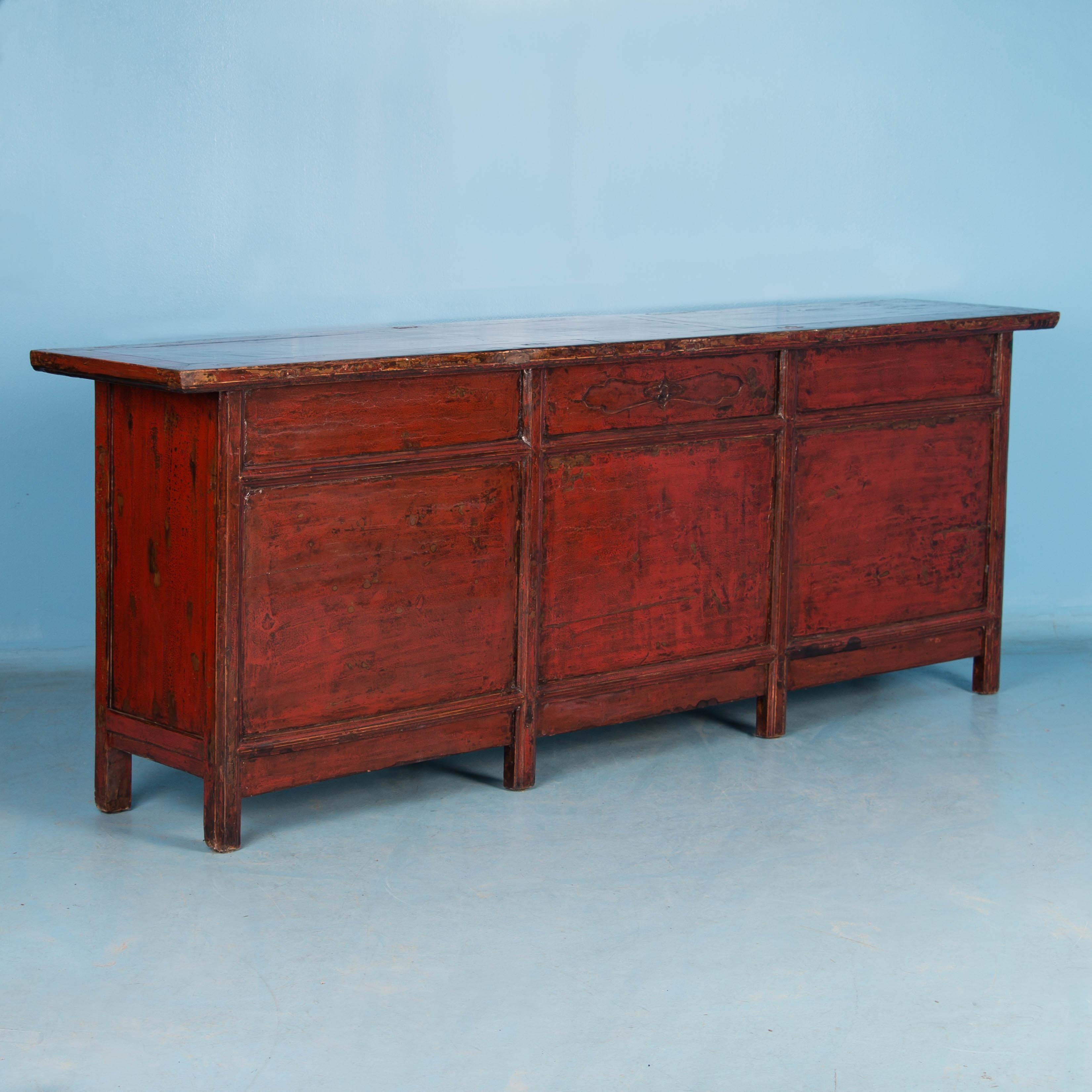 Antique Red Lacquered Chinese Kitchen Island Sideboard In Good Condition In Round Top, TX