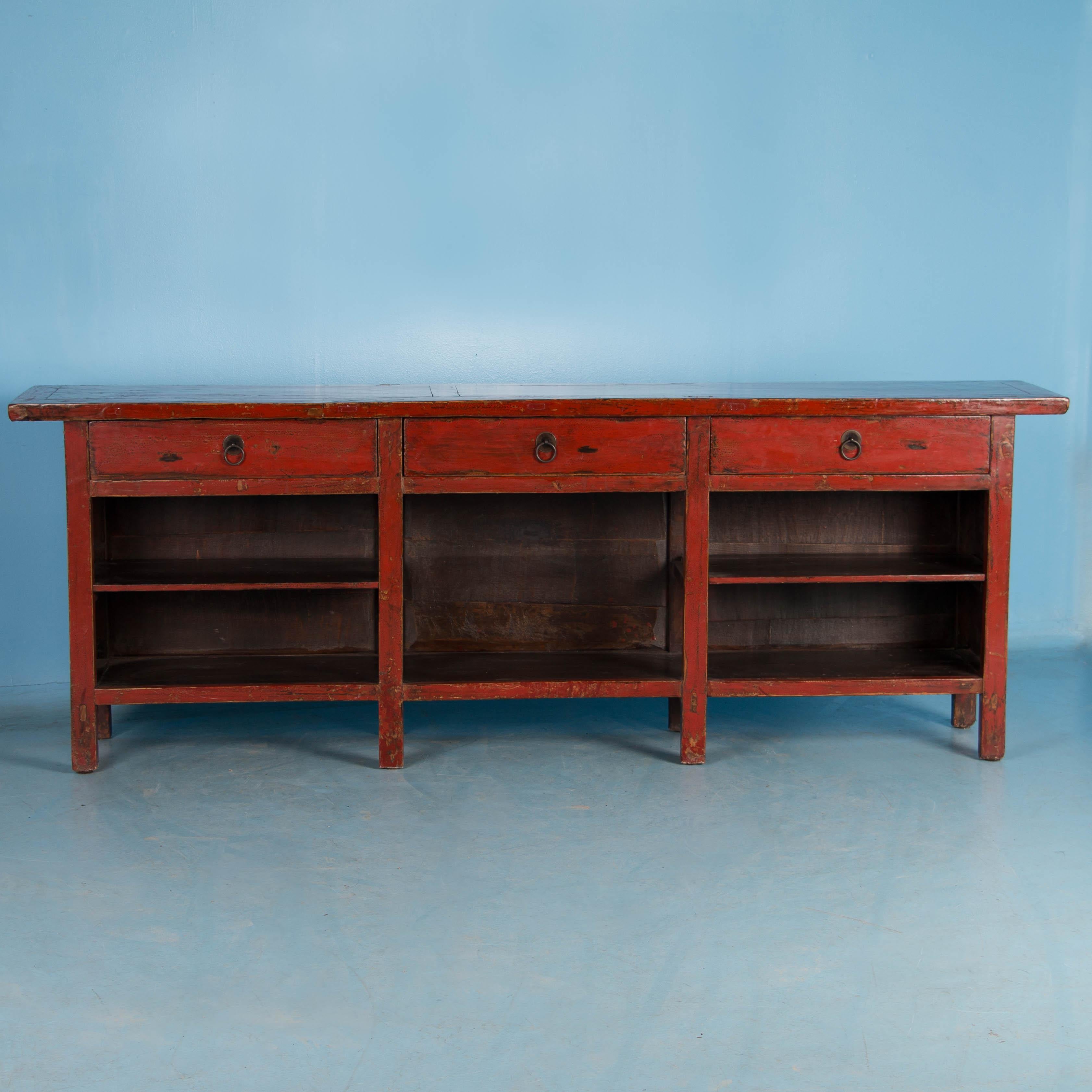 19th Century Antique Red Lacquered Chinese Kitchen Island Sideboard