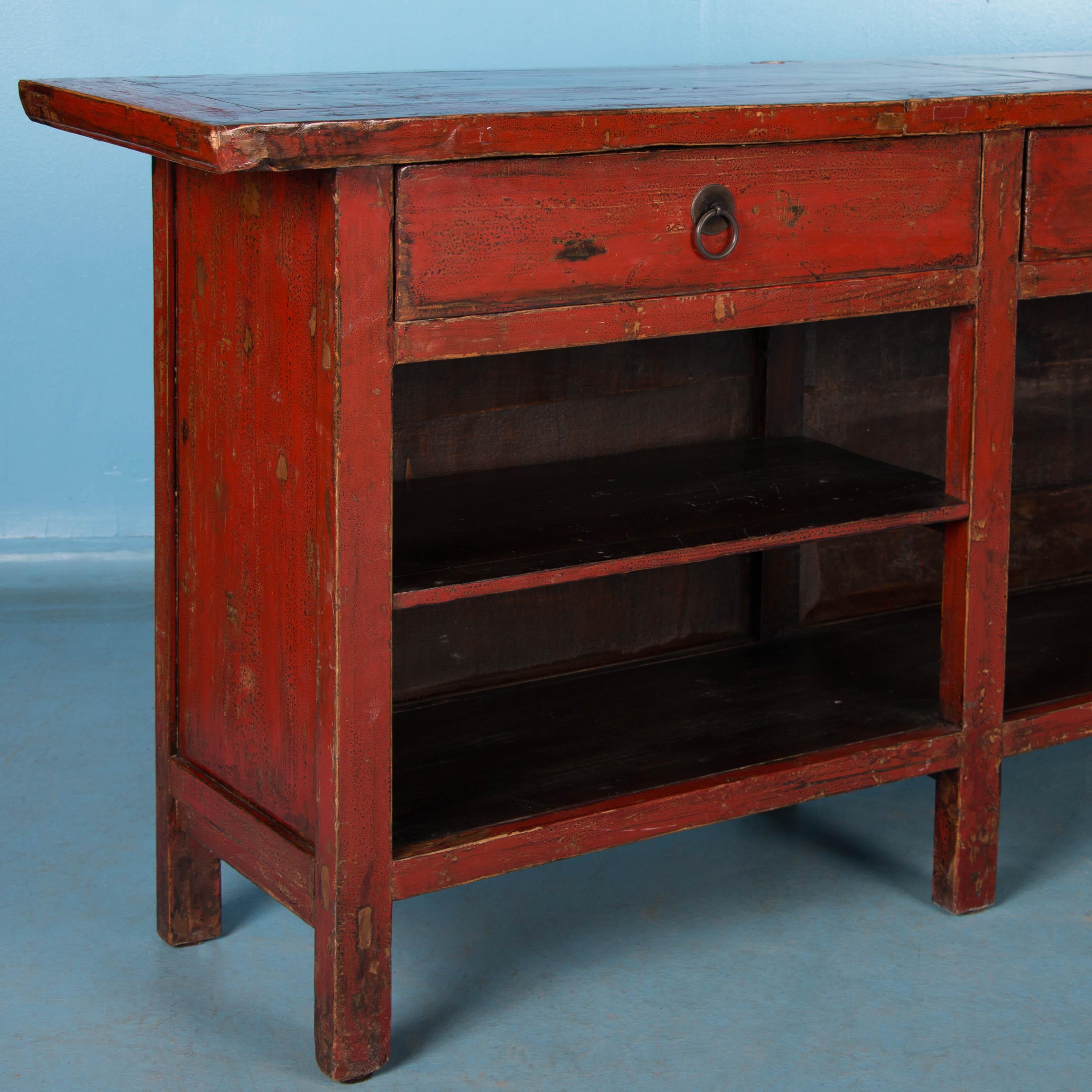 Wood Antique Red Lacquered Chinese Kitchen Island Sideboard