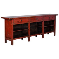 Antique Red Lacquered Chinese Kitchen Island Sideboard