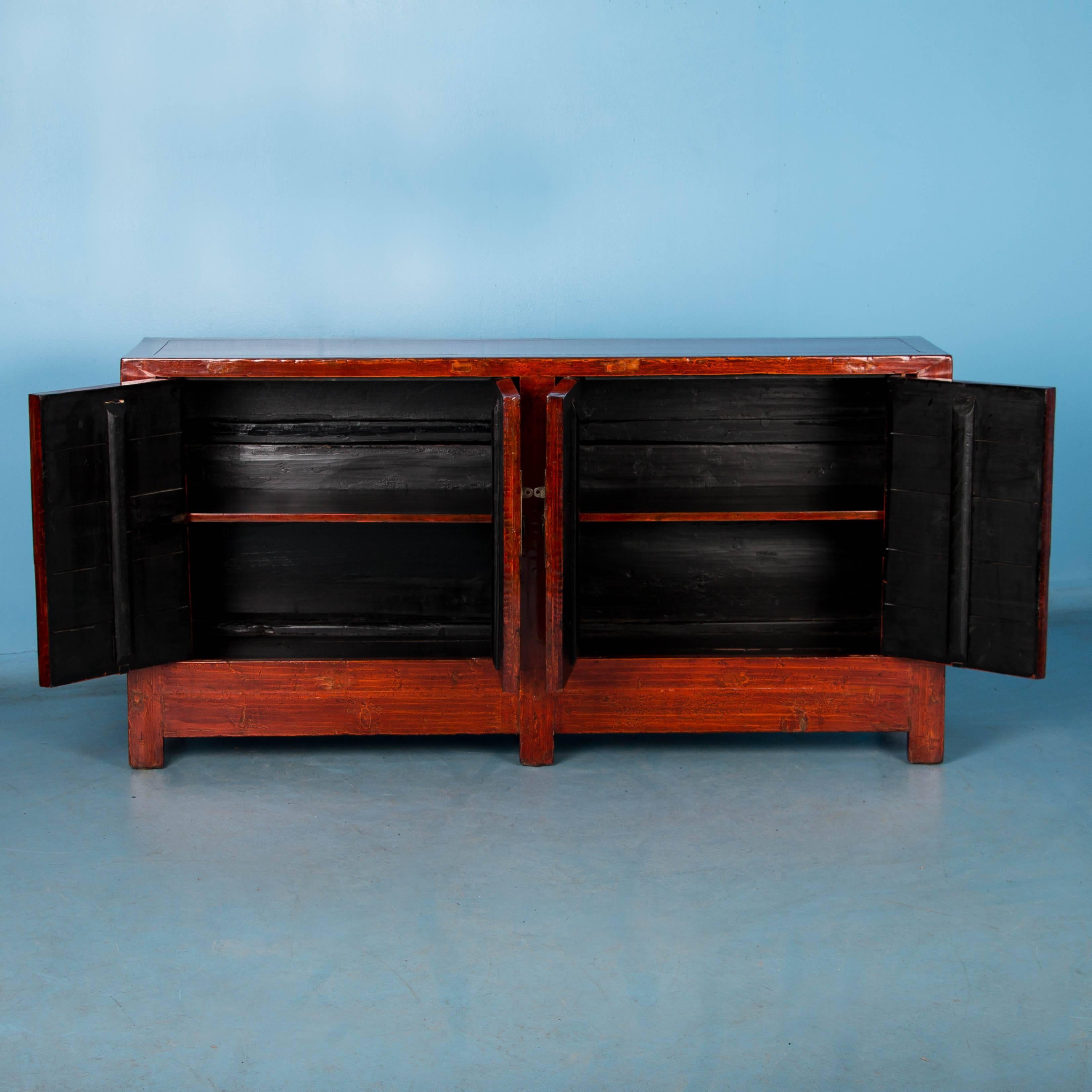 Antique Red Lacquered Chinese Sideboard Cabinet In Good Condition In Round Top, TX