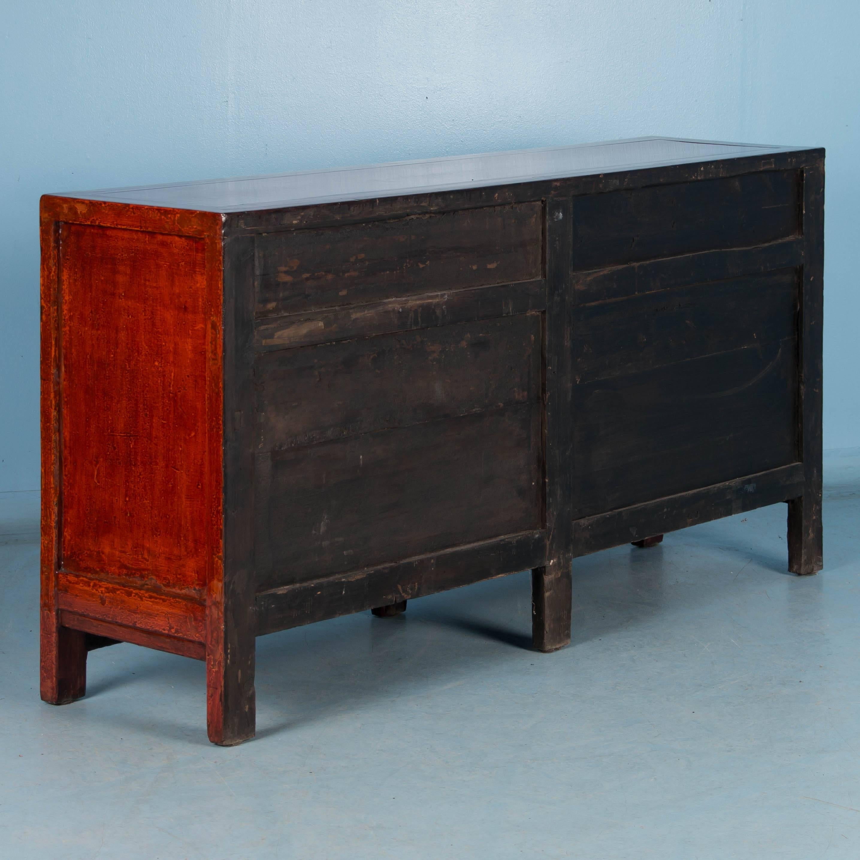 Wood Antique Red Lacquered Chinese Sideboard Cabinet