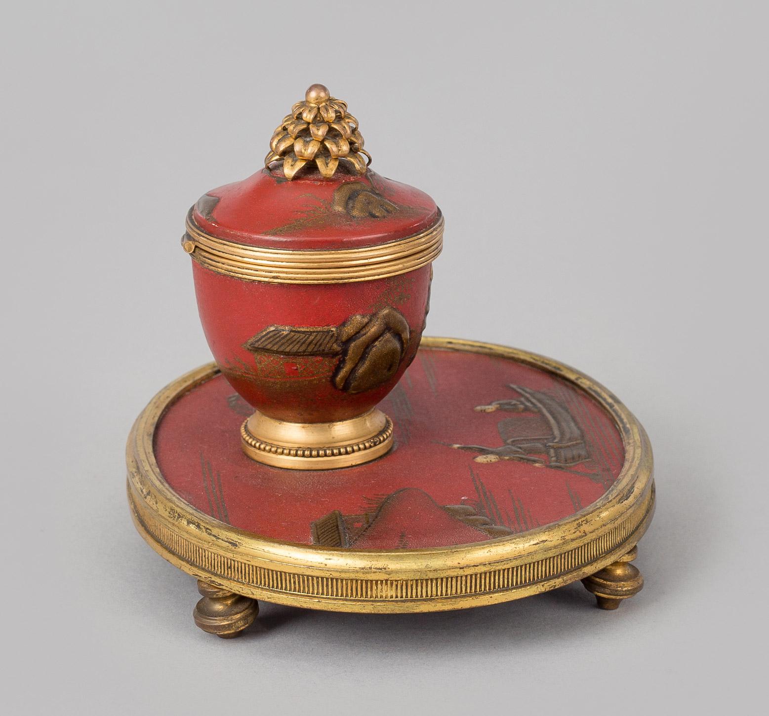 Japanned Antique Red Lacquered Chinoiserie and Bronze Inkstand For Sale