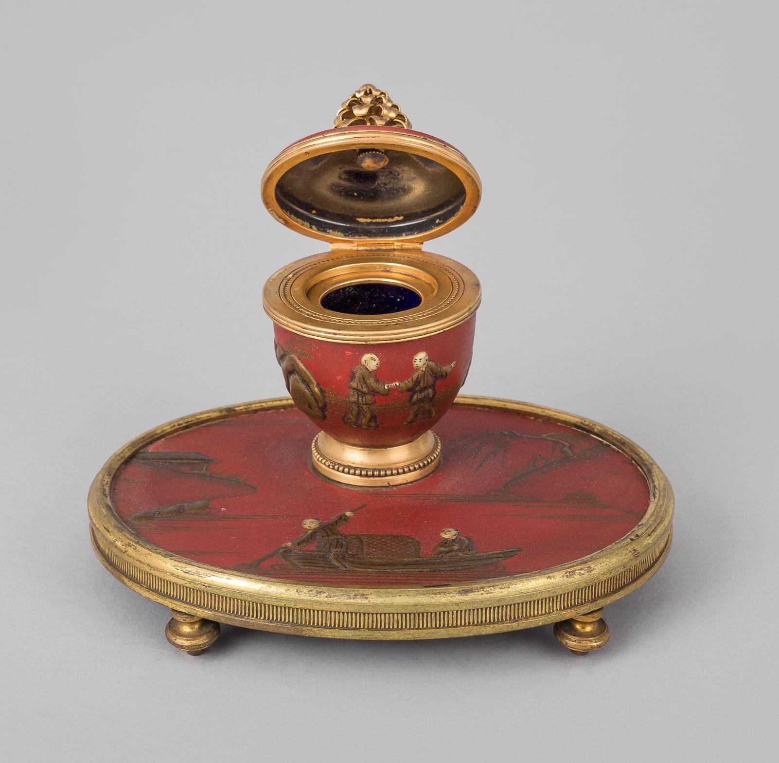 Antique Red Lacquered Chinoiserie and Bronze Inkstand In Good Condition For Sale In Sheffield, MA