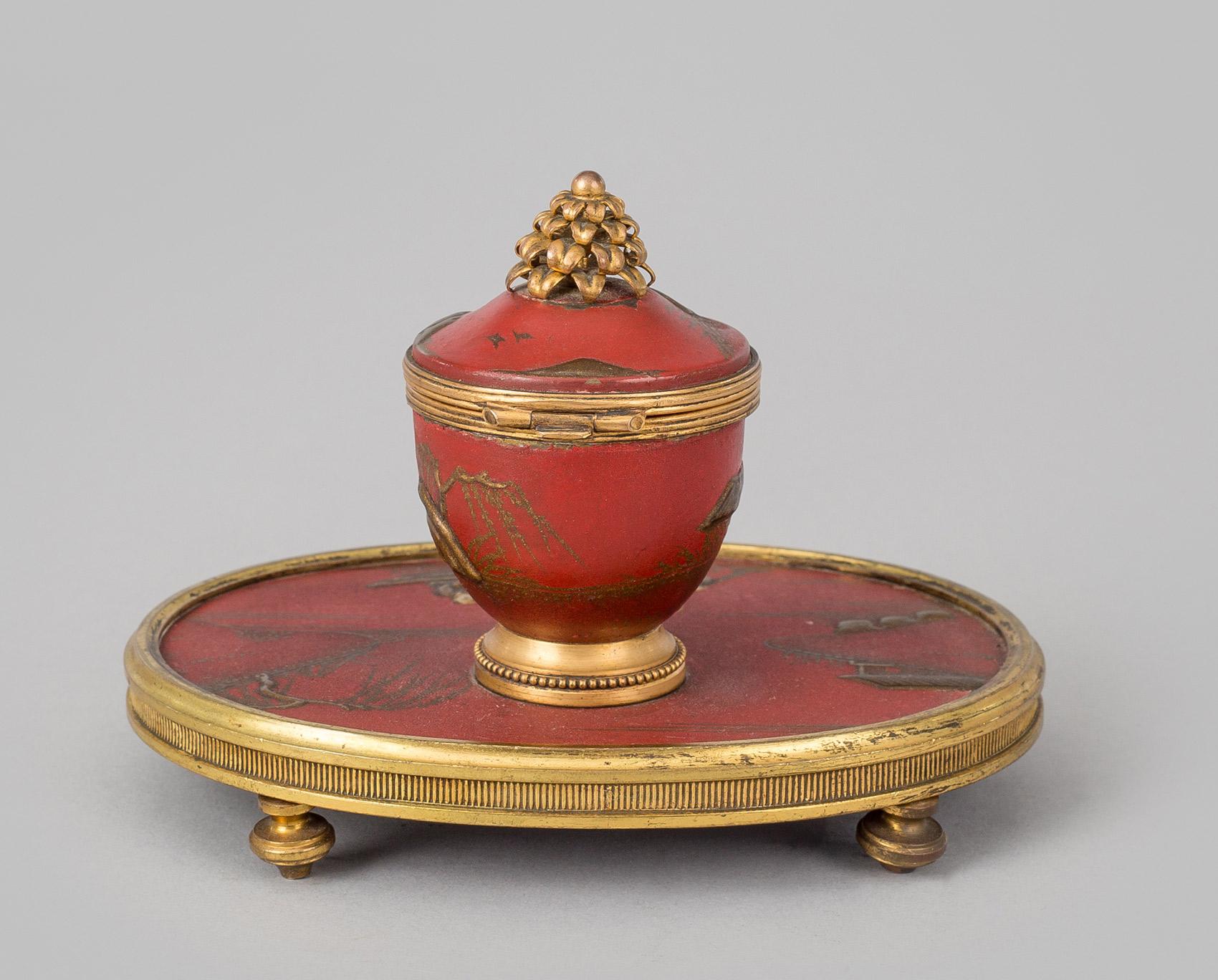 Antique Red Lacquered Chinoiserie and Bronze Inkstand For Sale 1